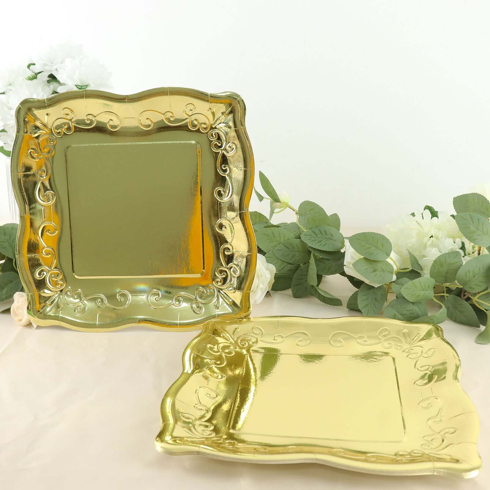 25-Pack Paper 11" Square Dinner Plates in Gold with Vintage Pottery Embossed Design - Shiny Metallic Disposable Serving Plates for Glamorous Dinners & Events
