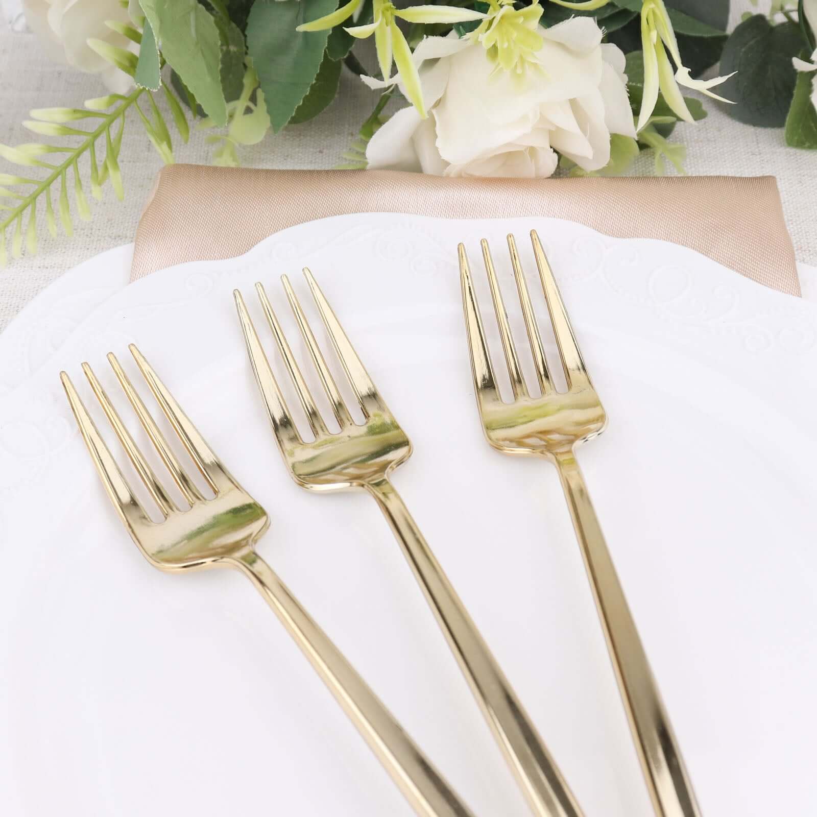 24 Pack 8" Glossy Gold Heavy Duty Plastic Silverware Forks Cutlery, Premium Disposable Sleek Flatware