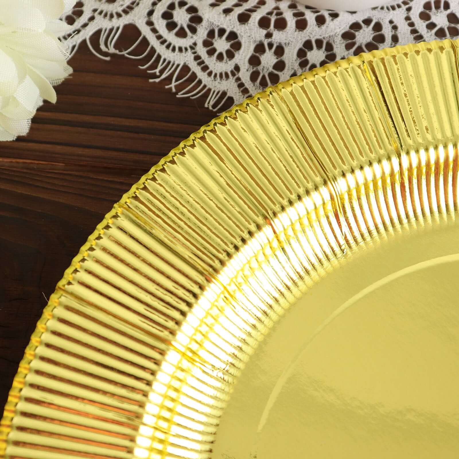 25-Pack Paper 8" Round Dessert Plates in Metallic Gold Sunray Design - Disposable Heavy Duty 350GSM Appetizer Salad Plates