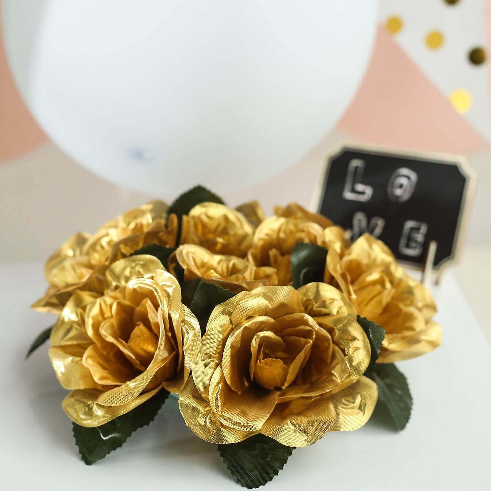 4 Pack 3" Gold Artificial Silk Rose Flower Candle Ring Wreaths