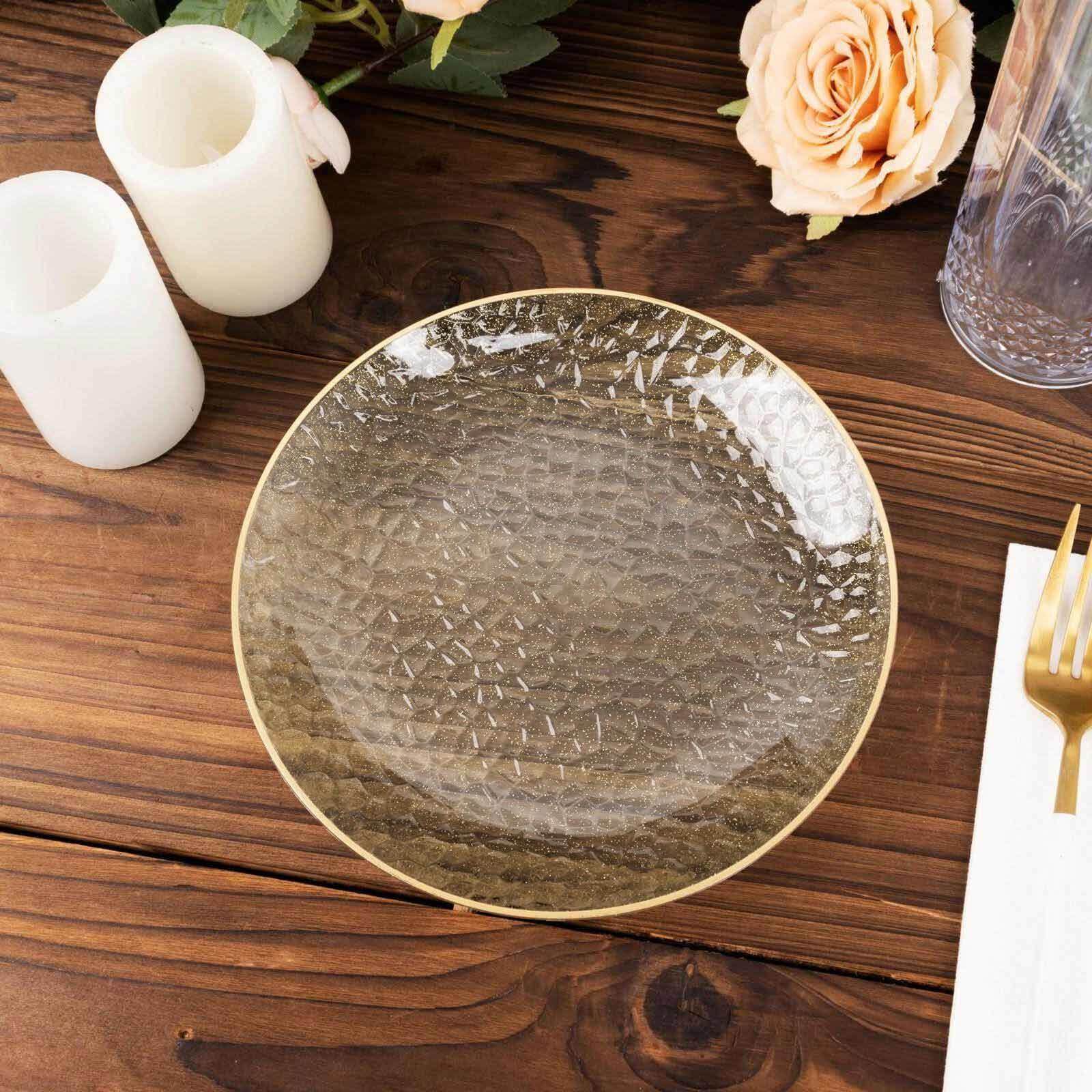 10-Pack Plastic 7" Round Dessert Appetizer Plates in Clear Gold Glittered Hammered Design with Gold Rim - Modern Disposable Salad Plates for Events & Banquets