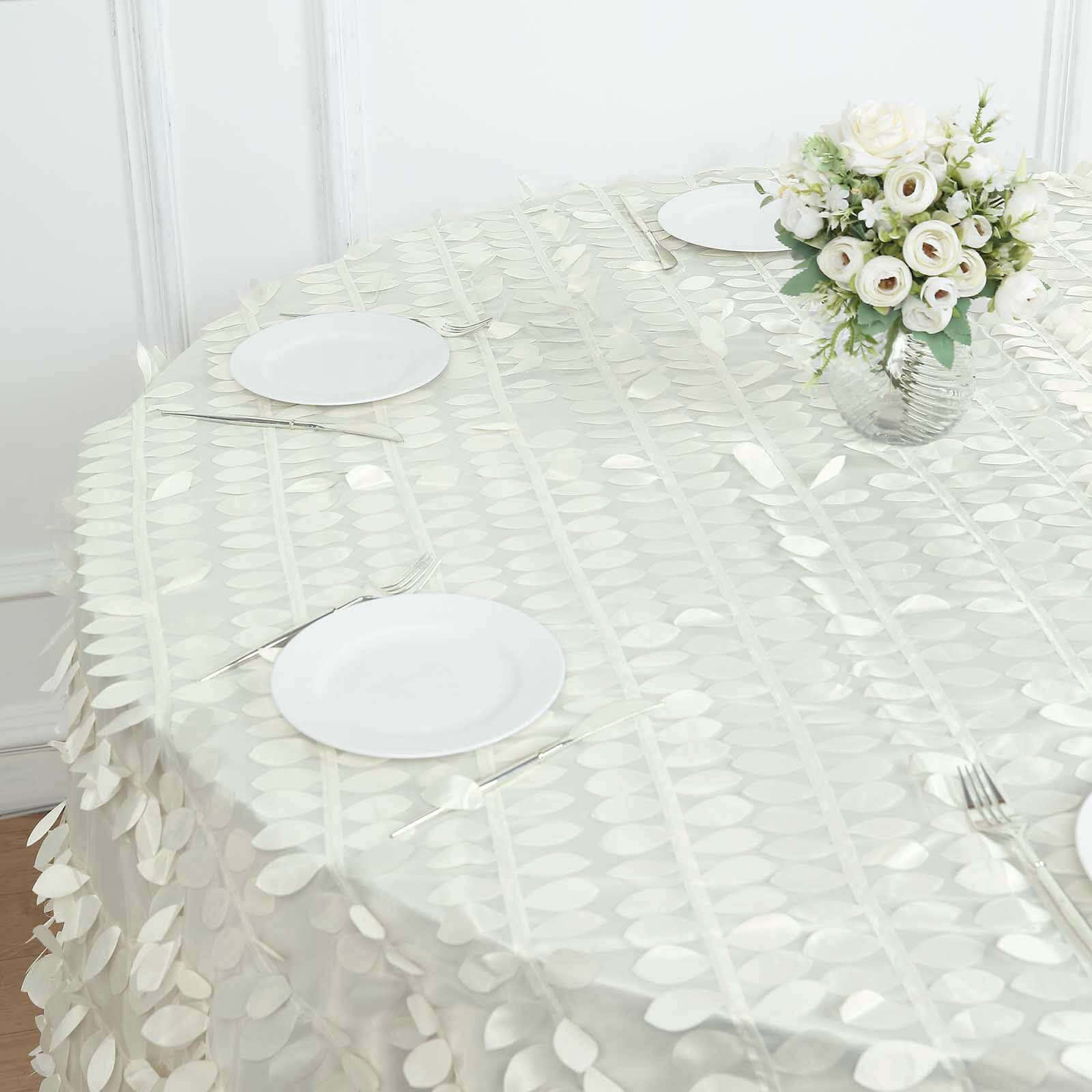 Taffeta 120" Round Tablecloth Ivory Leaf | 3D Leaf Petal Design Seamless Table Cover