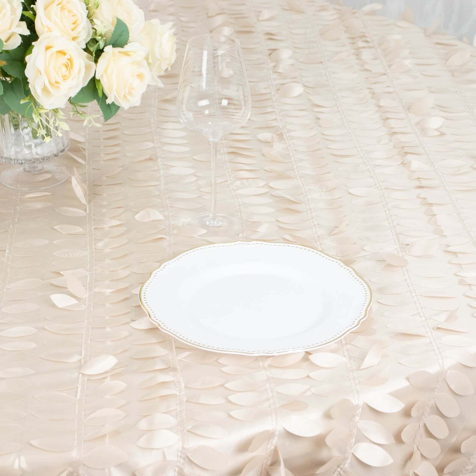 Taffeta 132" Round Tablecloth Beige 3D | 3D Leaf Petal Design Seamless Table Cover