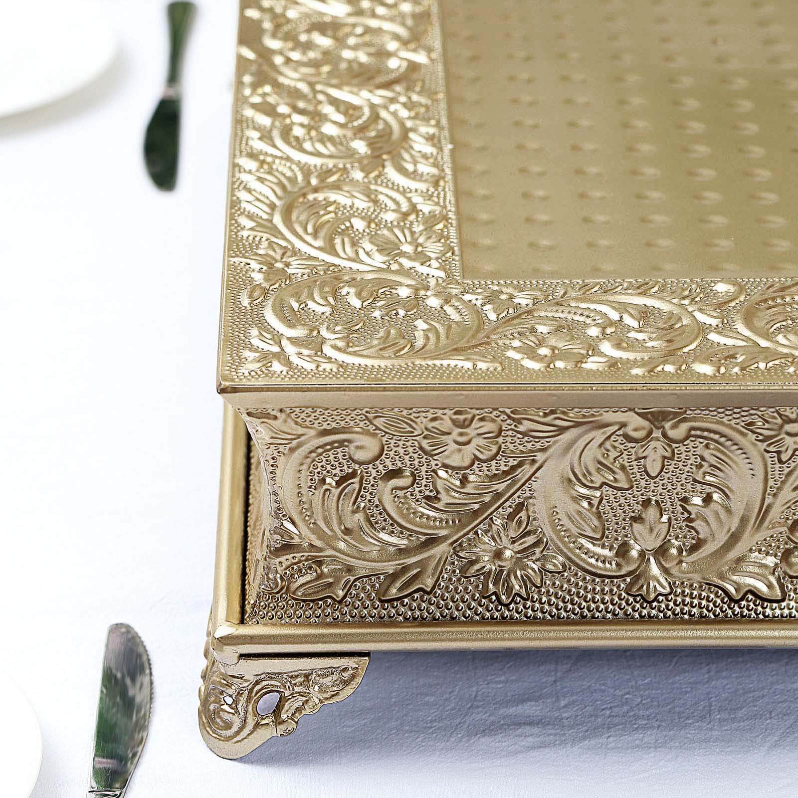 22" Square Gold Embossed Cake Pedestal, Metal Cake Stand Cake Riser