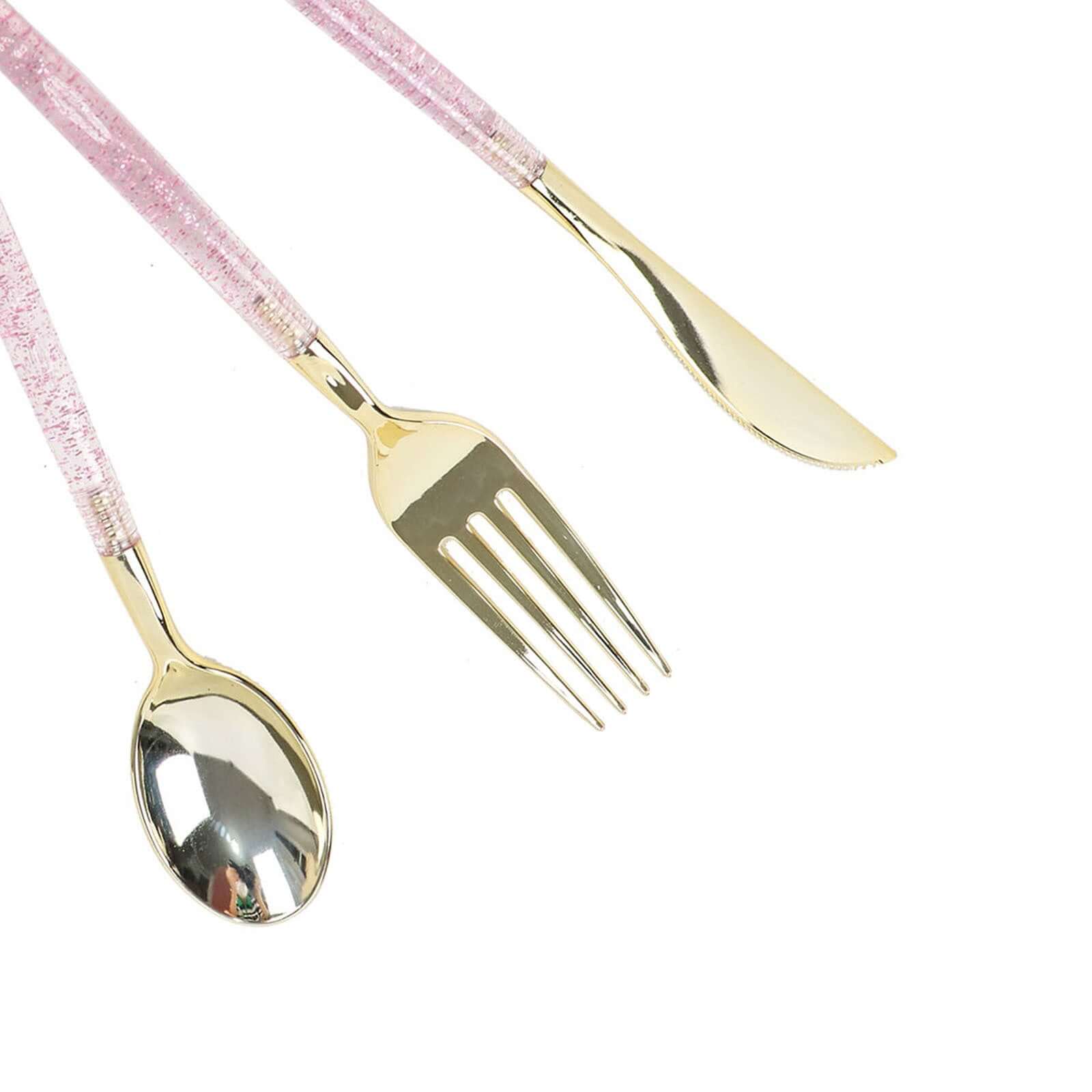 24-Pack Plastic Cutlery Set Metallic Gold with Rose Gold Glitter - Stylish Disposable Silverware-Pack 8"