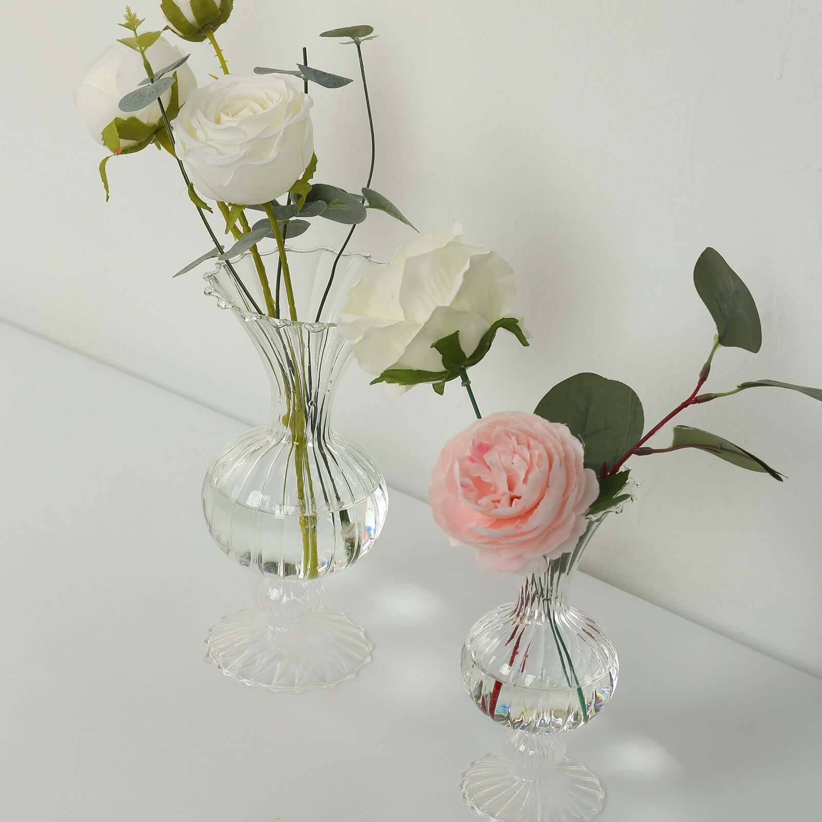 Set of 4 Glass Flower Vases Nordic Style with Petals Texture Clear - Transparent Bud Planters for Wedding Table Decor 7", 9"