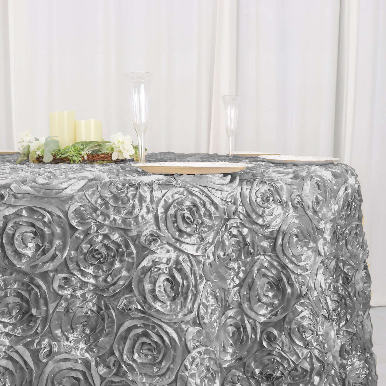 Satin 120" Round Tablecloth Silver - Grandiose 3D Rosette Design with Seamless Finish for Luxe Events