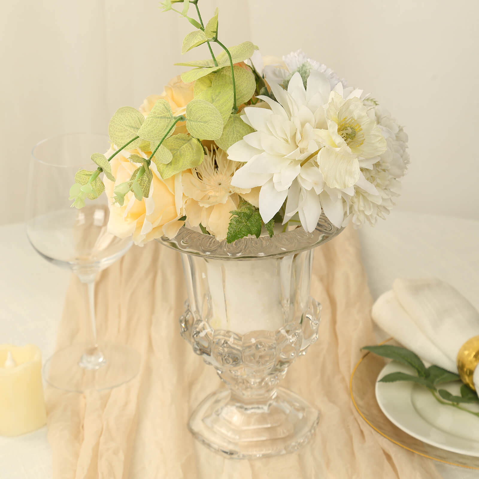 2-Pack Glass Mini Pedestal Flower Vases in Classic Roman Urn Style Clear - Sophisticated Wedding Table Centerpieces 8"