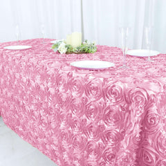 Satin 90"x132" Rectangle Tablecloth Pink - Grandiose 3D Rosette Seamless Table Cover