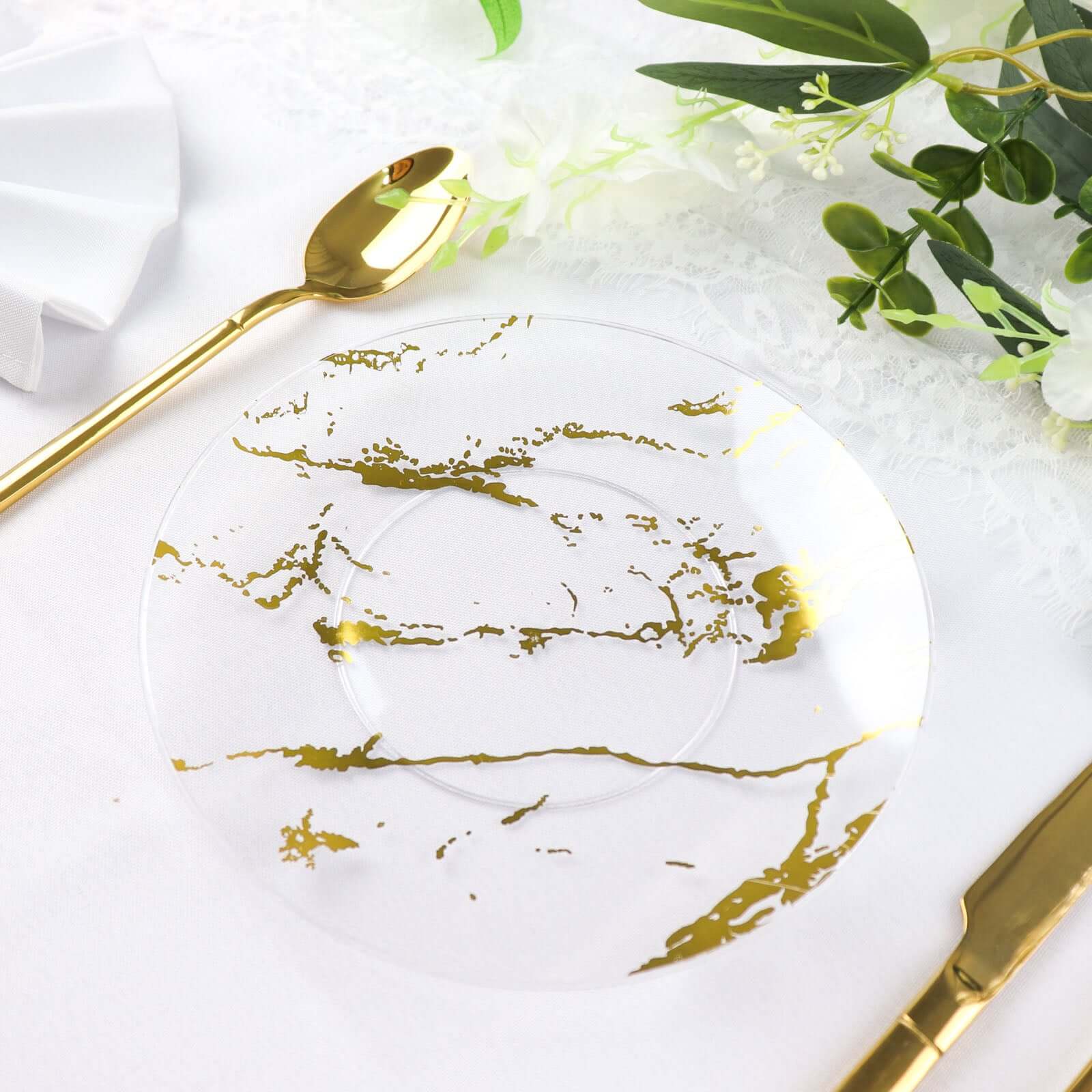 10-Pack Plastic 8" Round Dessert Plates in Clear with Gold Marble Print - Disposable Appetizer/Salad Plates for Chic Banquets & Special Occasions