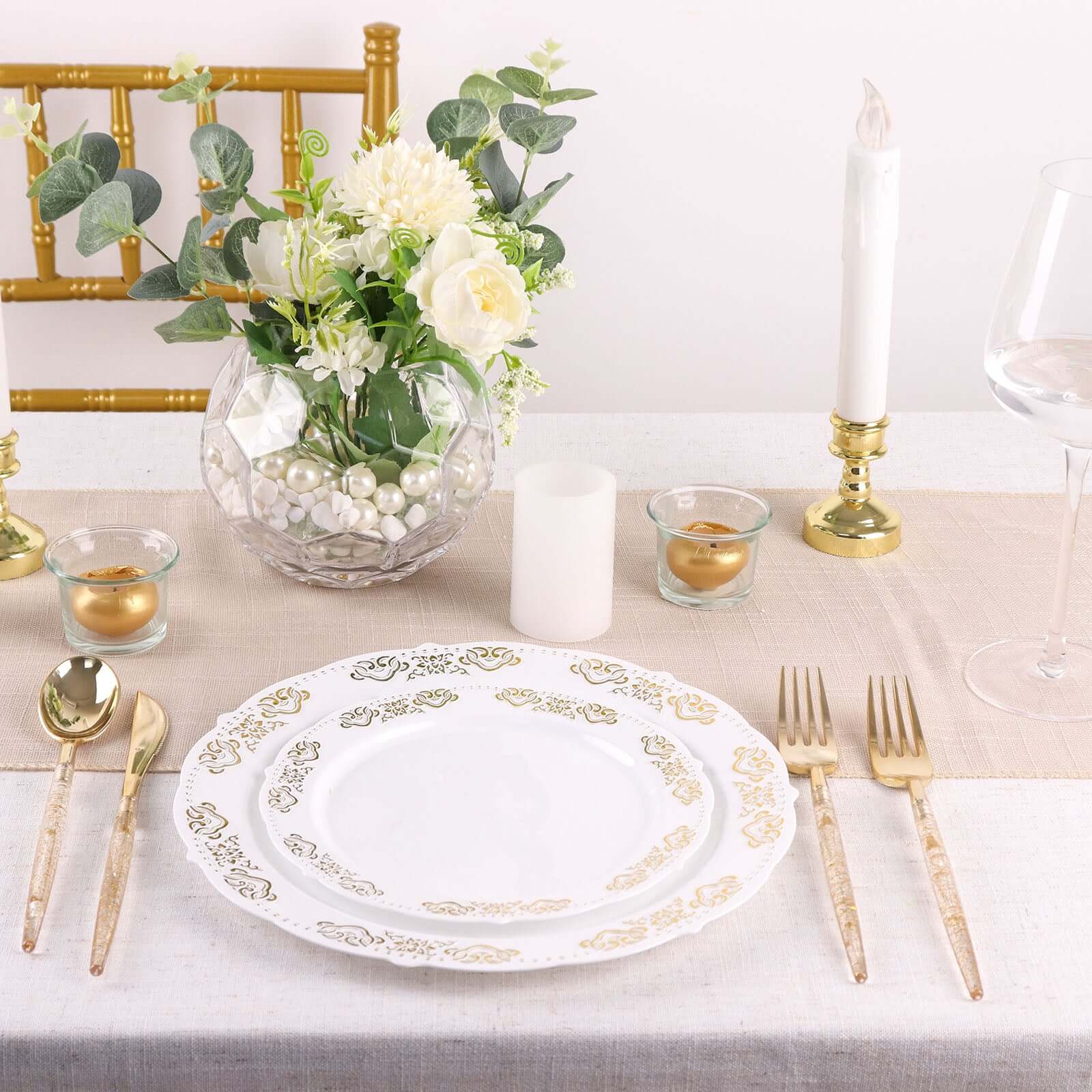 24-Pack Plastic Cutlery Set Metallic Gold with Gold Glitter - Stylish Disposable Silverware-Pack 8"
