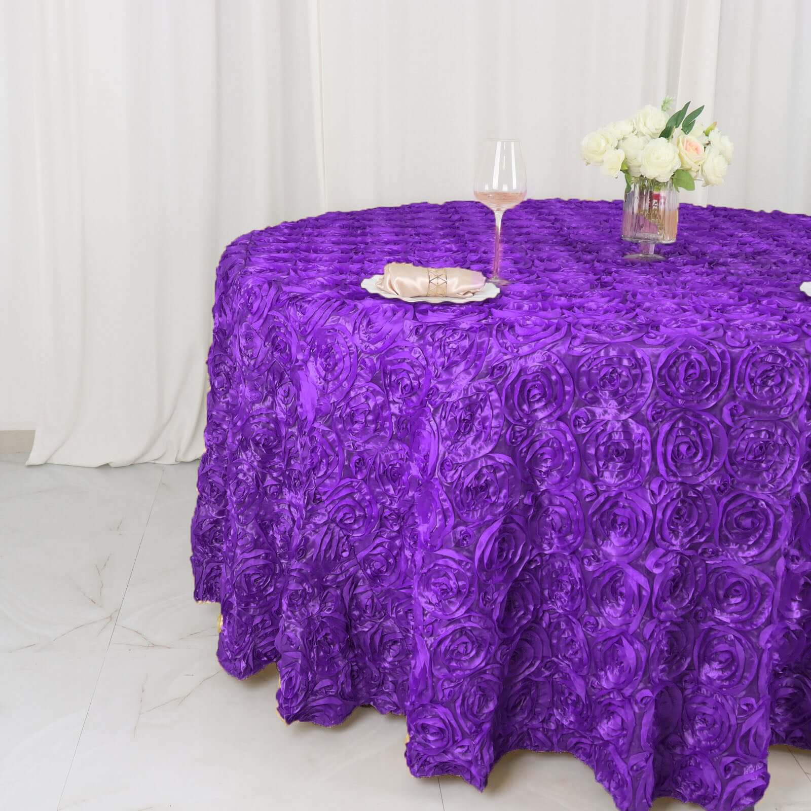 Satin 120" Round Tablecloth Purple - Grandiose 3D Rosette with Seamless Finish Table Cover