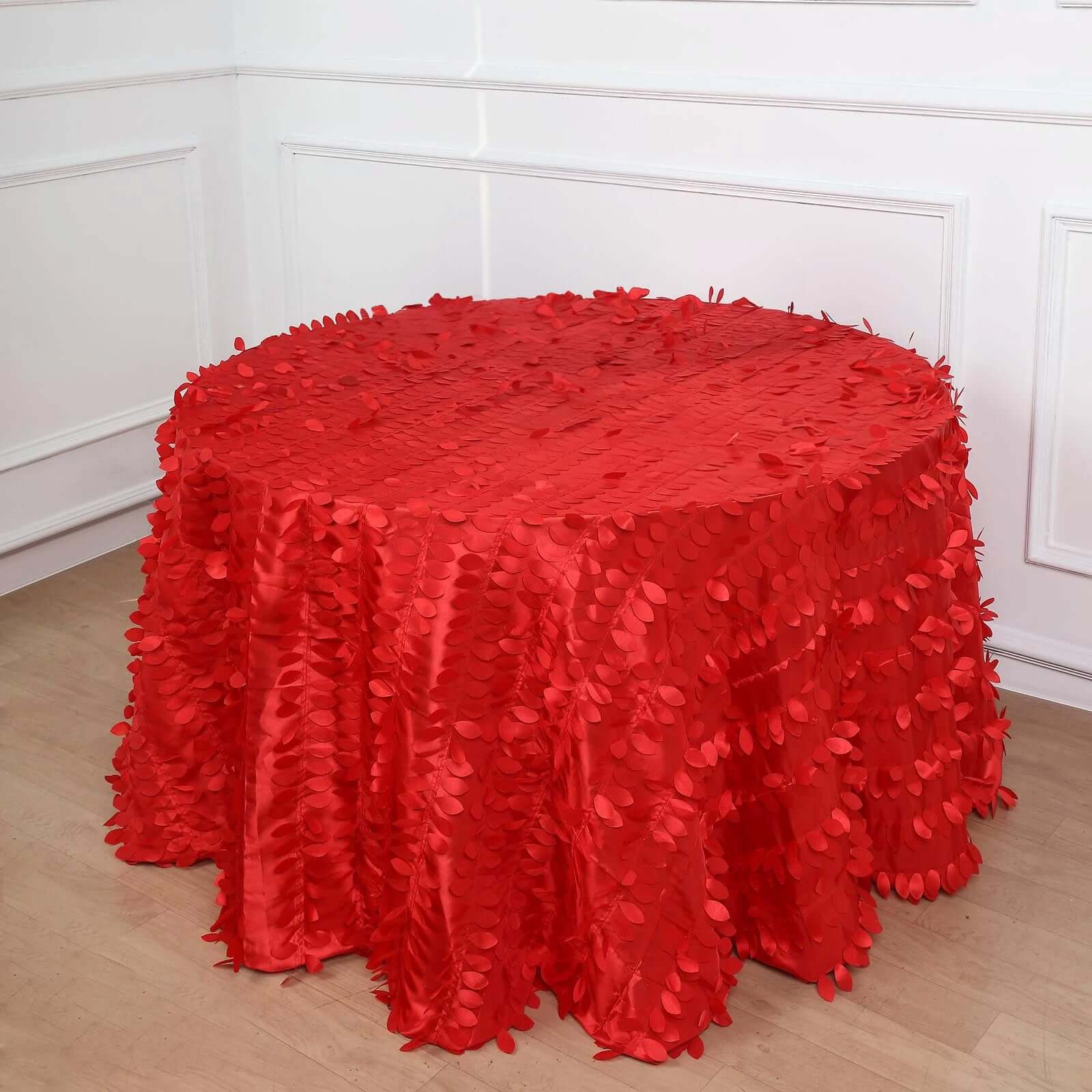 120" Red 3D Leaf Petal Taffeta Fabric Seamless Round Tablecloth for 5 Foot Table With Floor-Length Drop