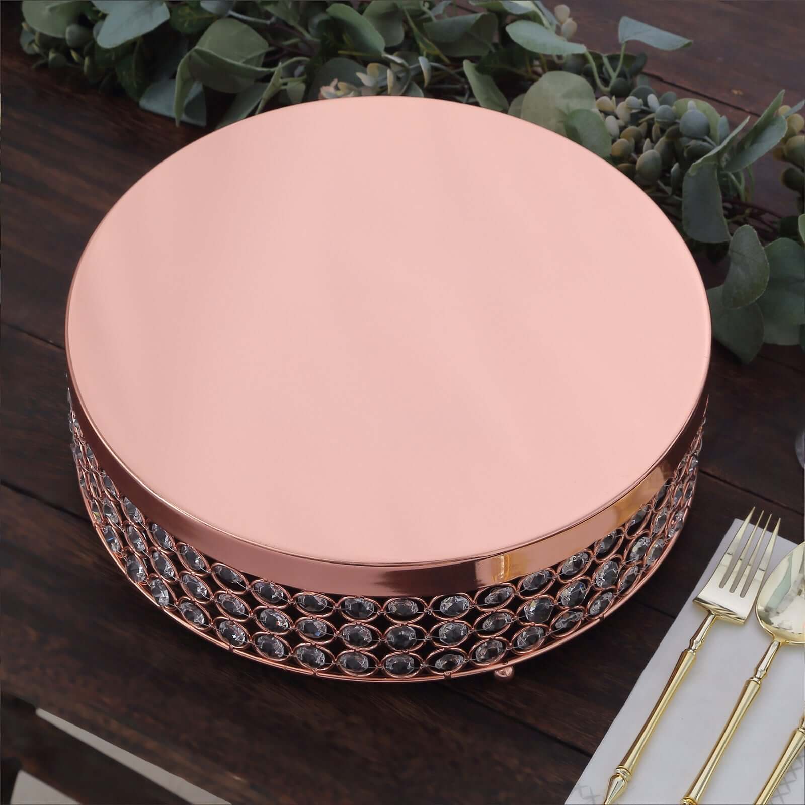 Metal Cake Stand Pedestal Crystal Beaded Design Rose Gold - Cupcake Display and Dessert Riser 13"
