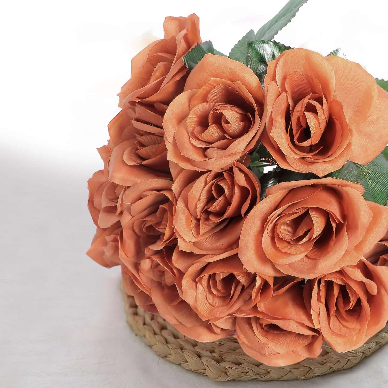 12" Terracotta (Rust) Artificial Velvet-Like Fabric Rose Flower Bouquet Bush