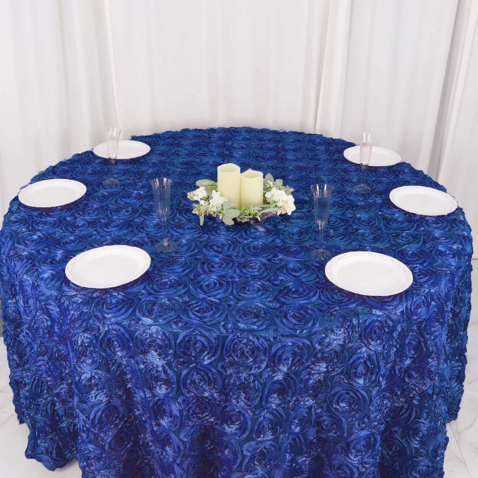 Satin 120" Round Tablecloth Royal Blue - Grandiose 3D Rosette with Seamless Finish Table Cover