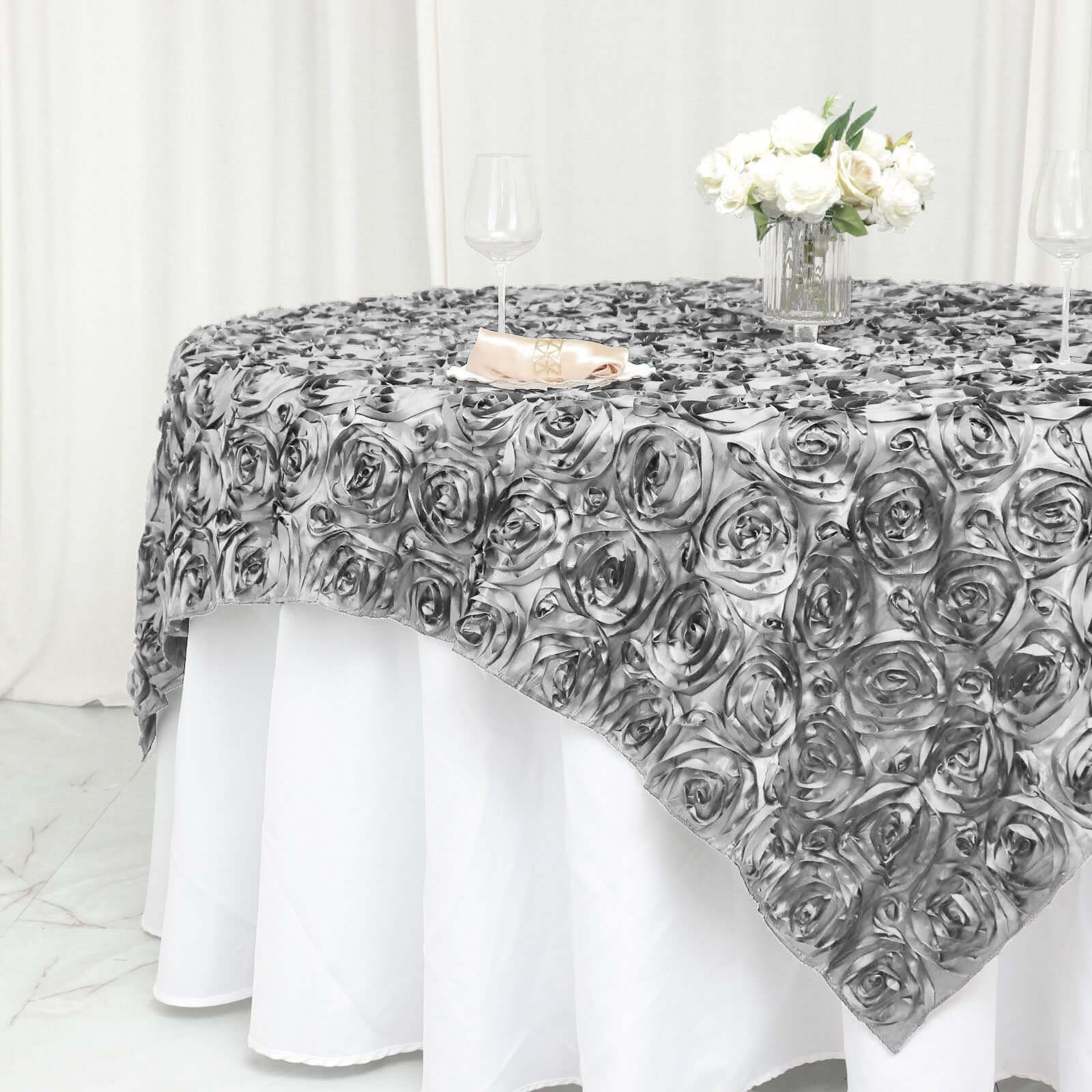 Satin 72"x72" Table Overlay Square Tablecloth Silver - 3D Rosette Table Cover