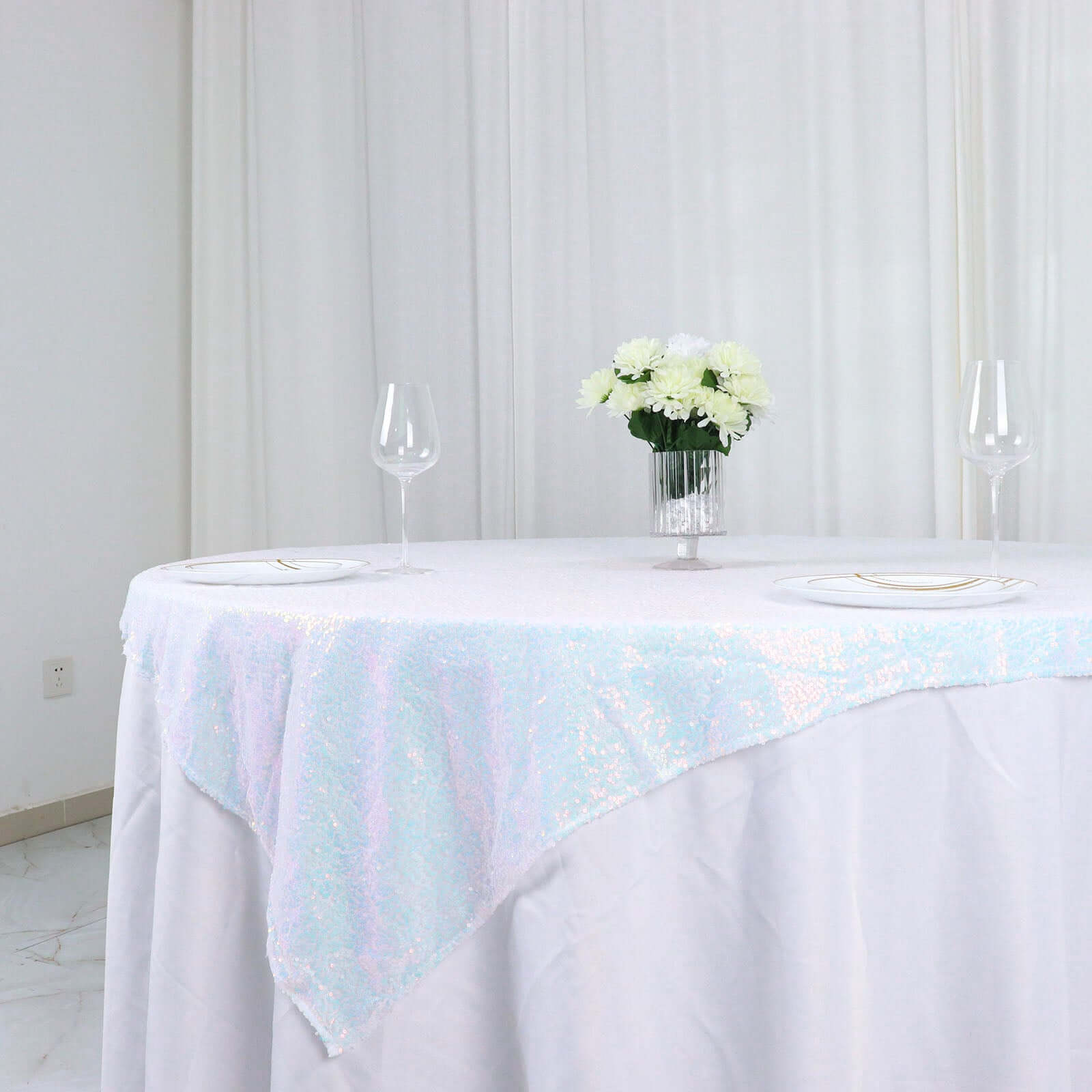 Sequin 60"x60" Table Overlay Square Tablecloth Irisdescent Blue - Luxe Wedding Table Topper