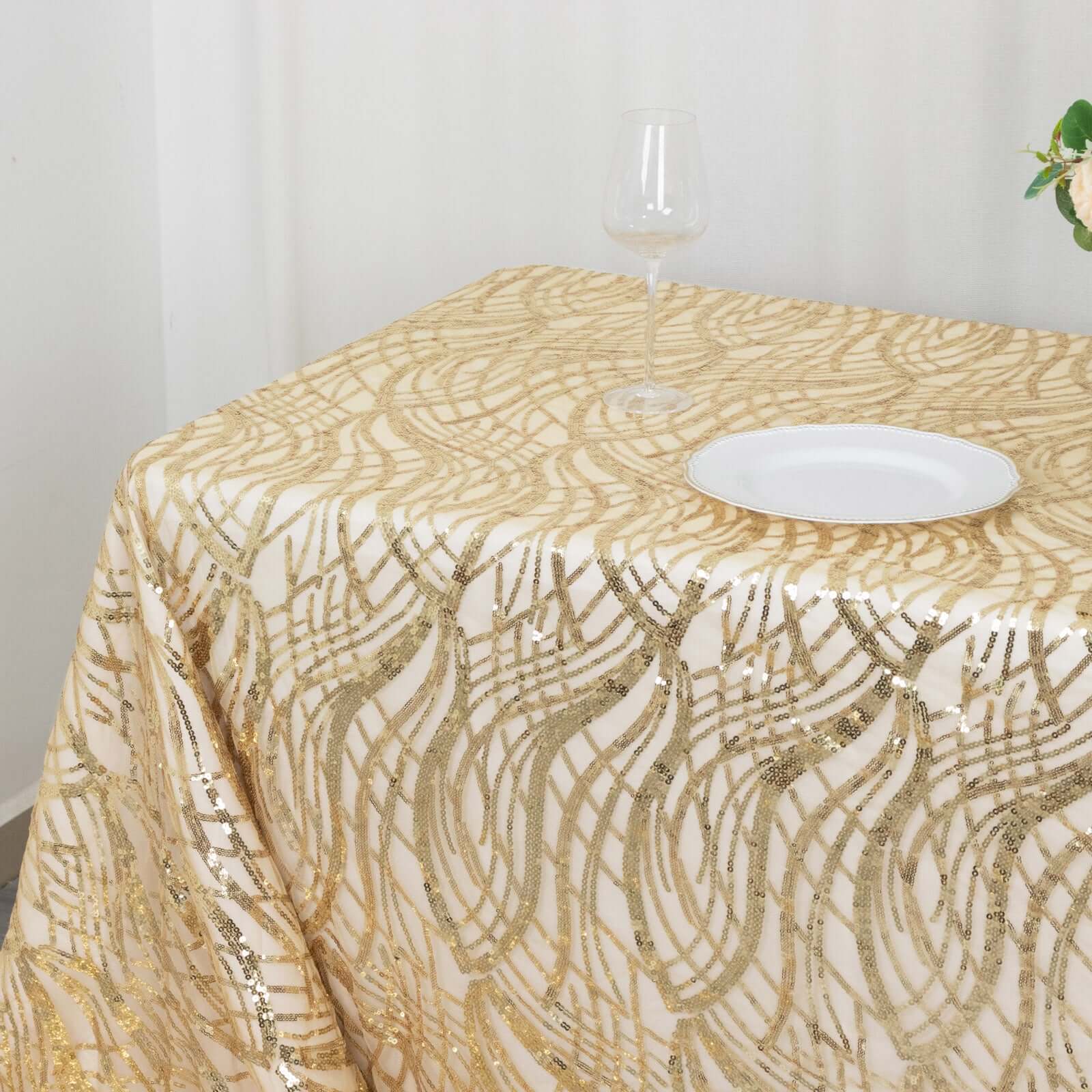 Mesh 90"x156" Rectangle Tablecloth Champagne - Wave Sequin Embroidered Table Cover