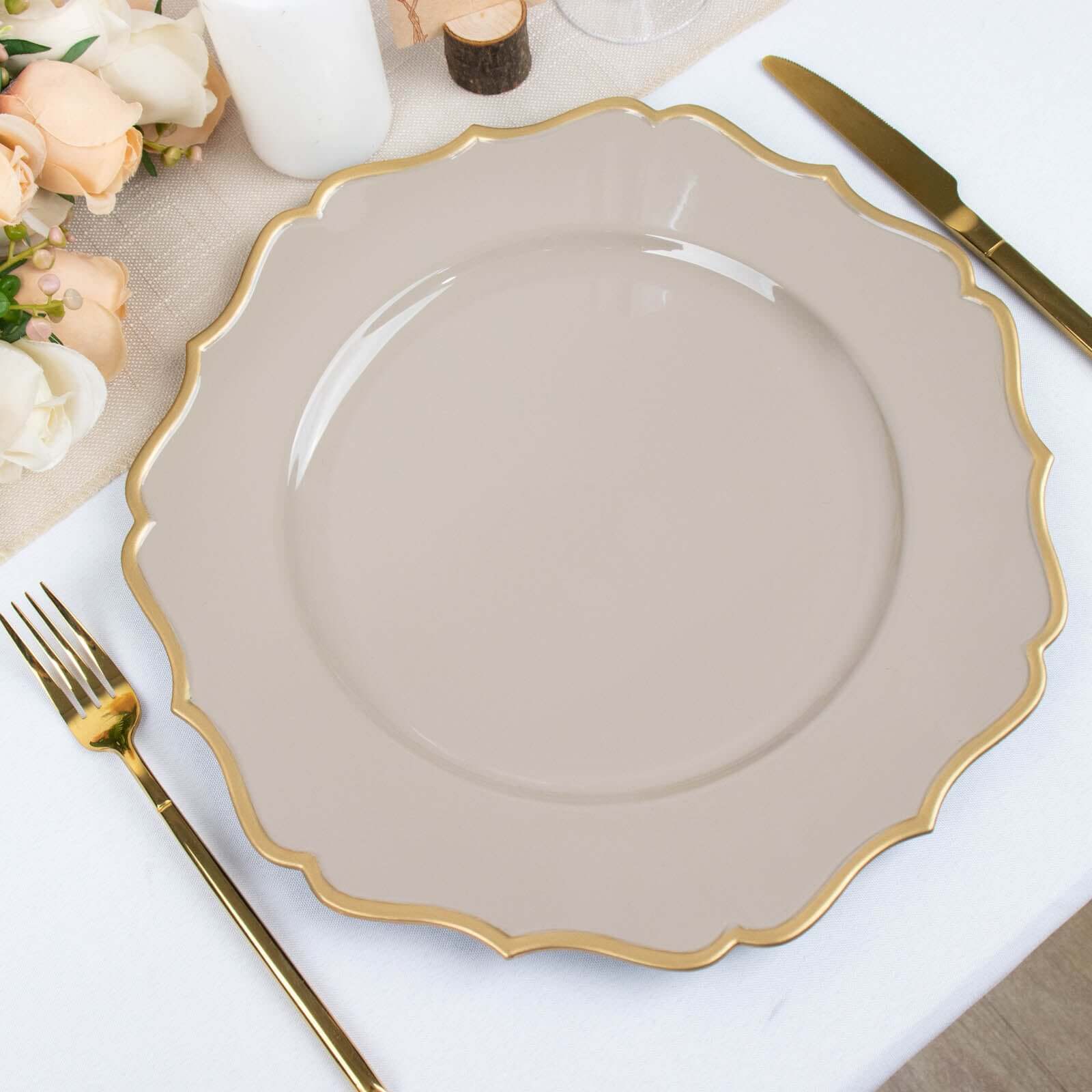 6-Pack Acrylic Round Charger Plates 13" in Taupe with Gold Scalloped Rim, Decorative Dinner Party Plastic Charger Tableware