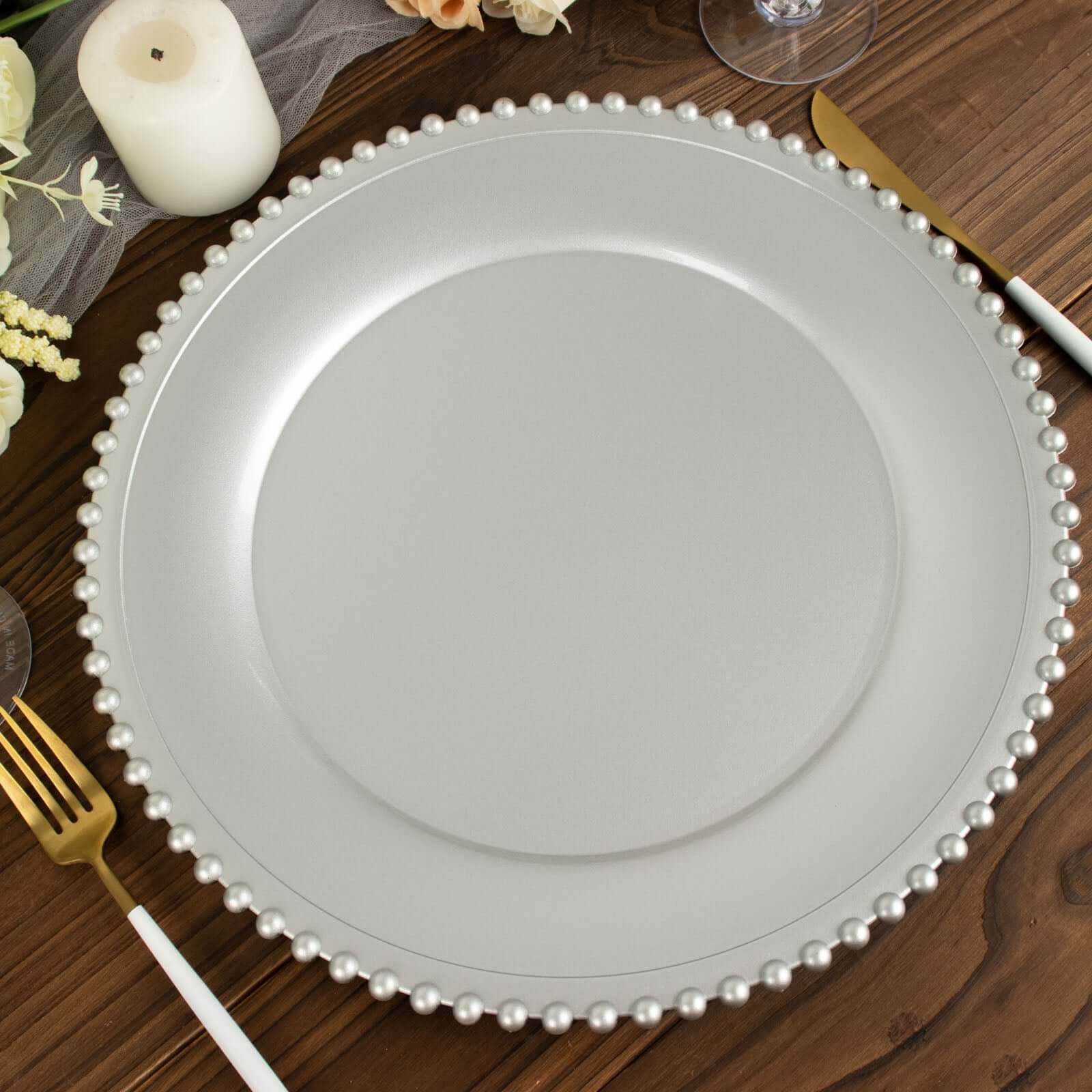 6-Pack Acrylic Round Charger Plates 13" in Silver with Beaded Rim, Decorative Dinner Party Charger Tableware