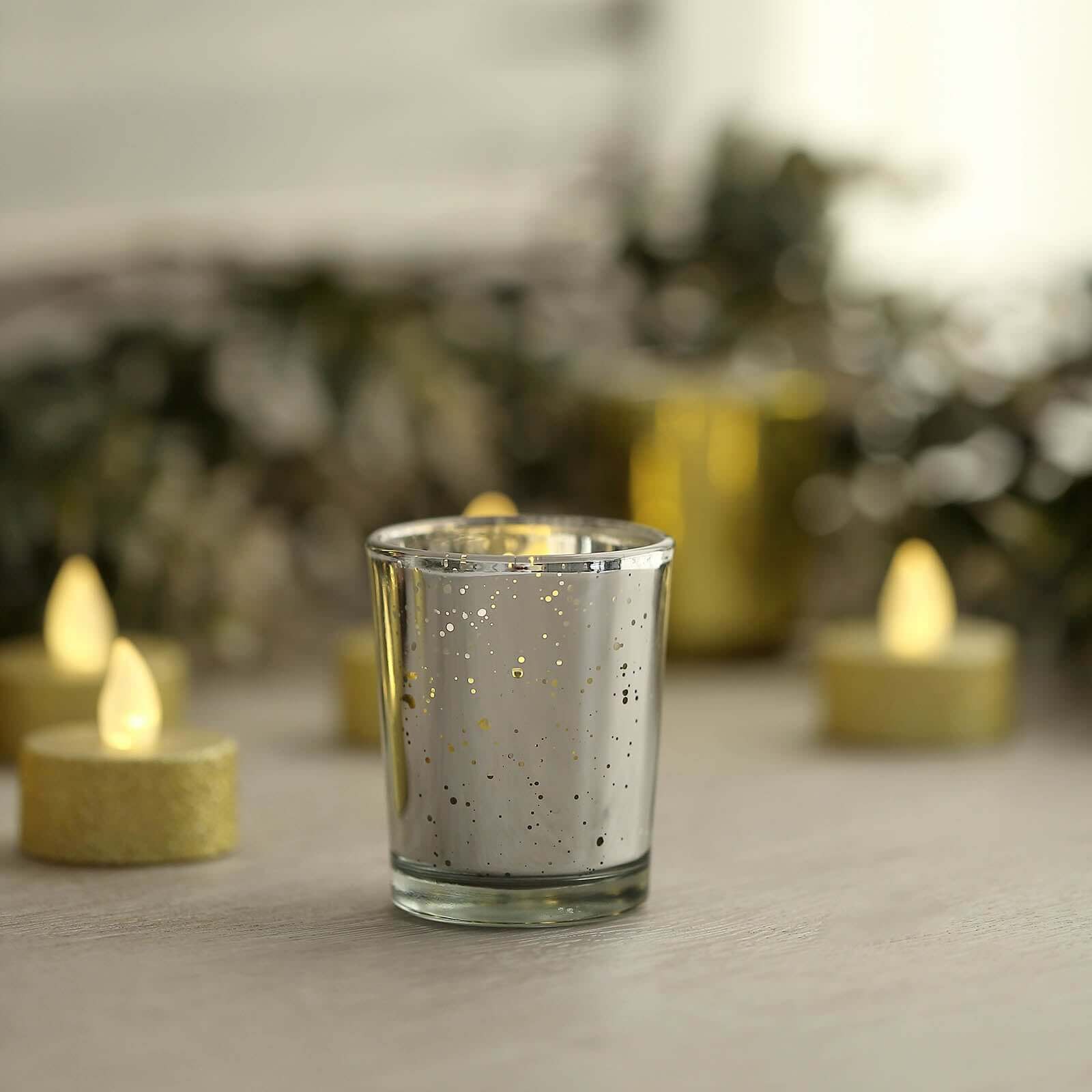 12-Pack Mercury Glass Candle Holders Silver with Speckled Design - Votive Tealight Holders 2"