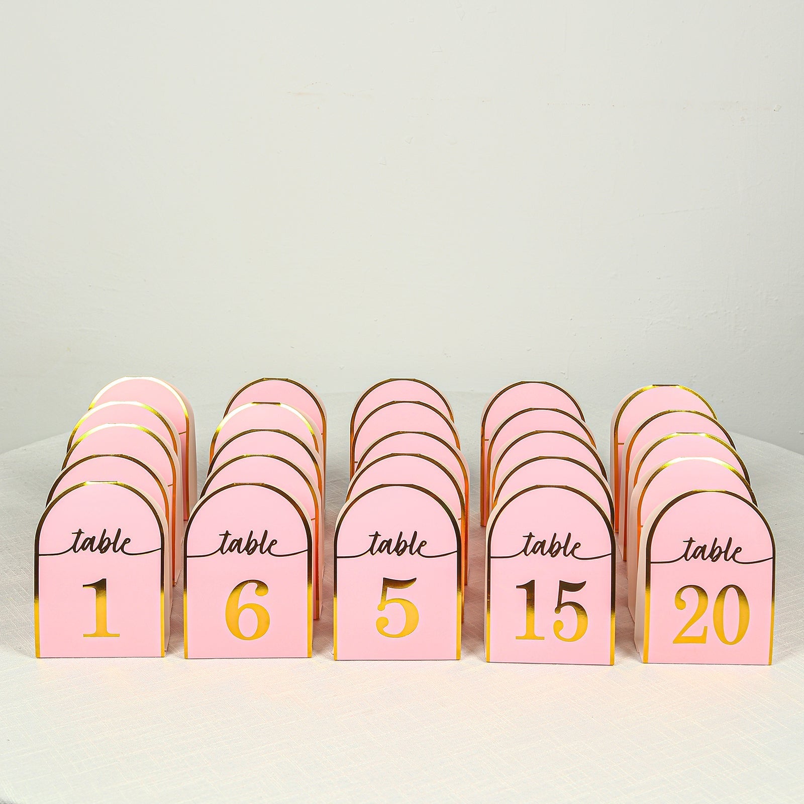 25-Pack Paper Wedding Table Numbers 1-25 Blush Arch Cutout Design - Sleek & Modern Free Standing Double Sided Table Tent Cards with Metallic Gold Foil Numbers 7"