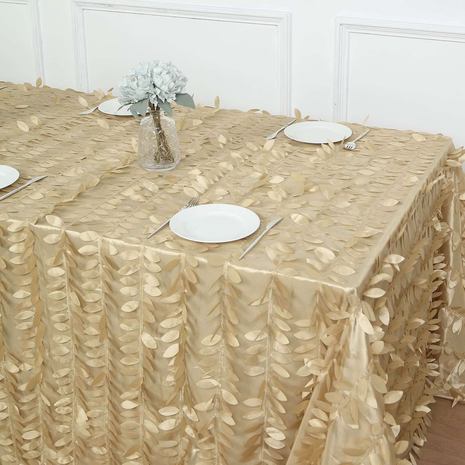 Taffeta 90"x156" Rectangle Tablecloth Champagne | 3D Leaf Petal Design Seamless Table Cover