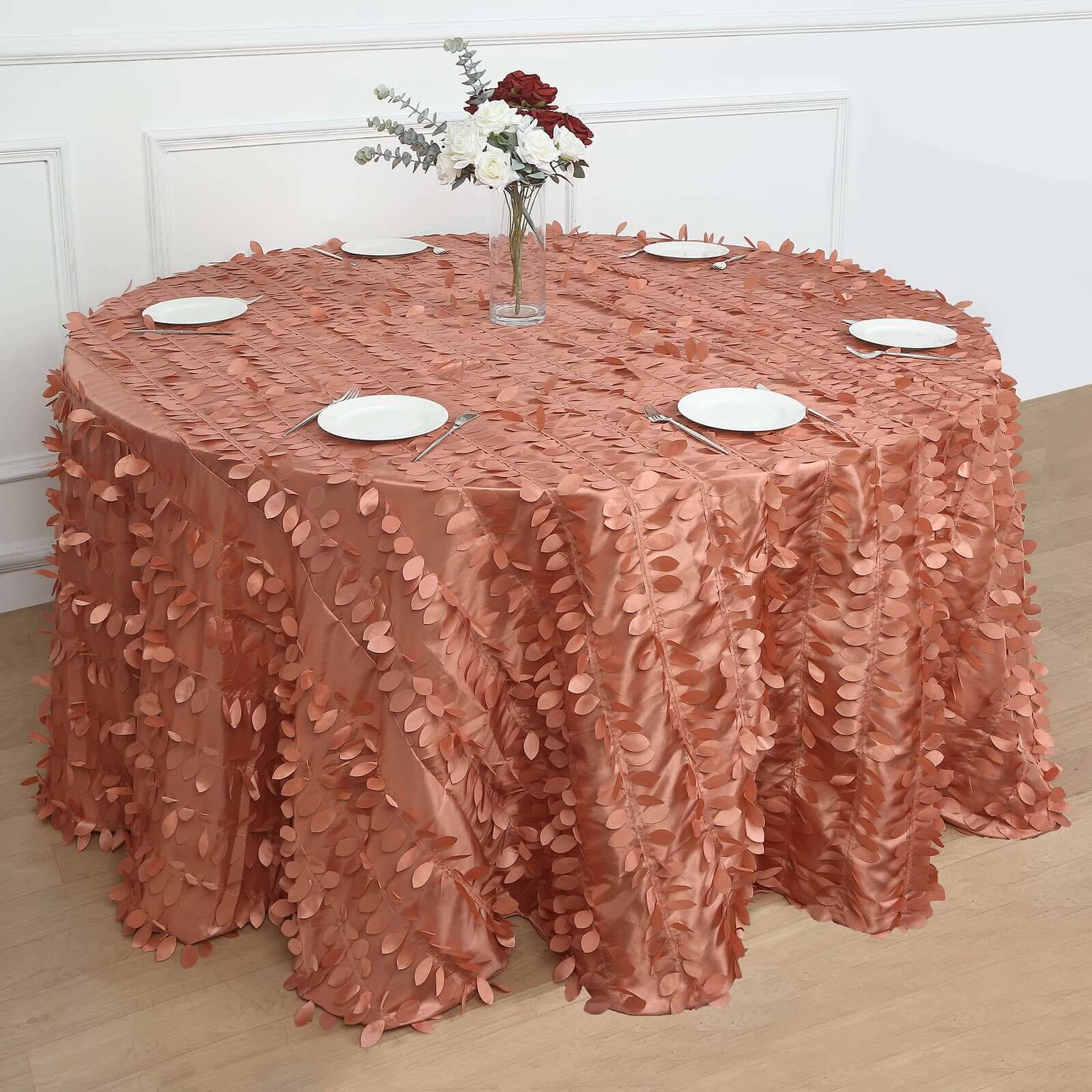 Taffeta 132" Round Tablecloth Terracotta (Rust) Leaf | 3D Leaf Petal Design Seamless Table Cover