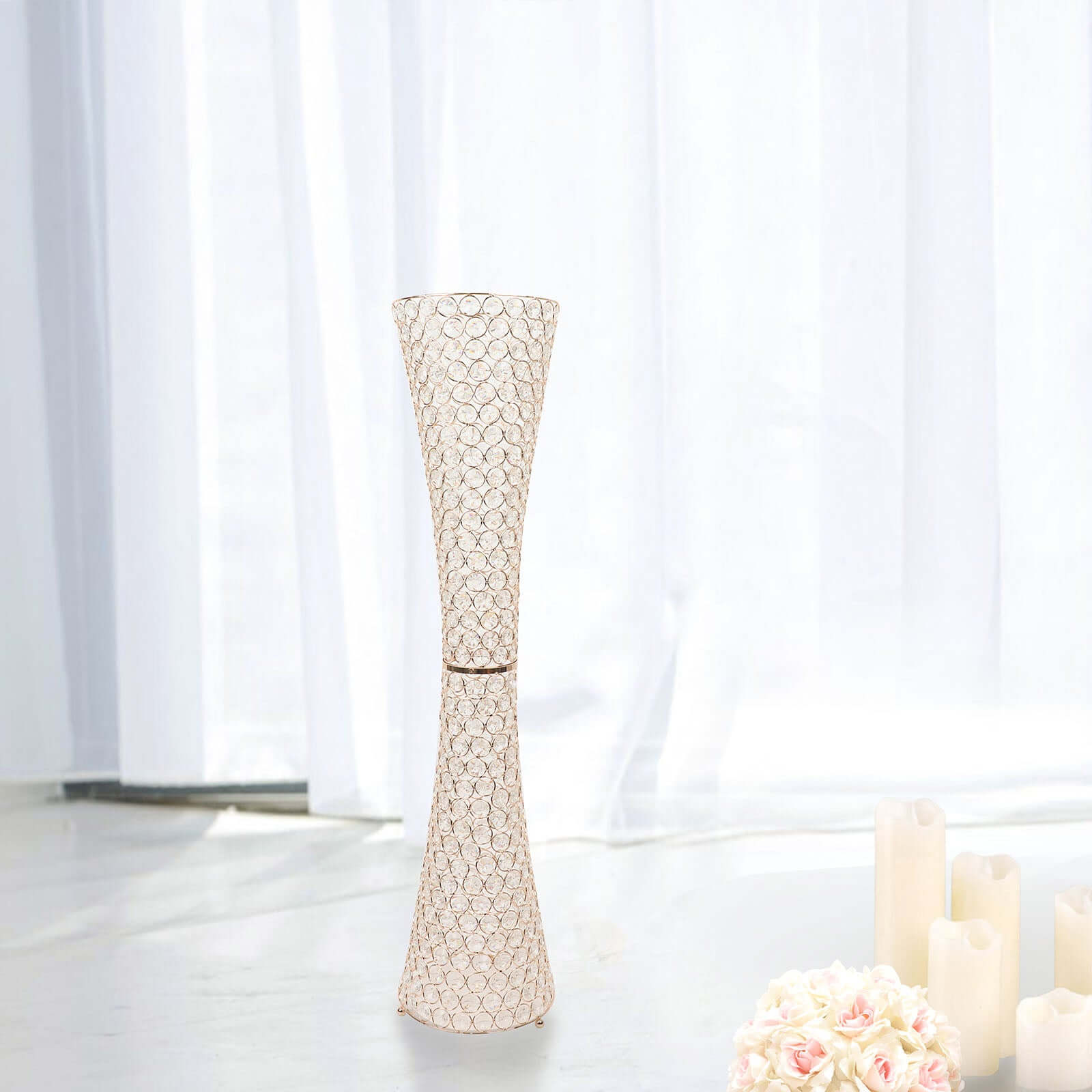 Metal Hurricane Floral Vase Centerpiece Metallic Gold with Crystal Beaded Design - Decorative Table Piece 36"