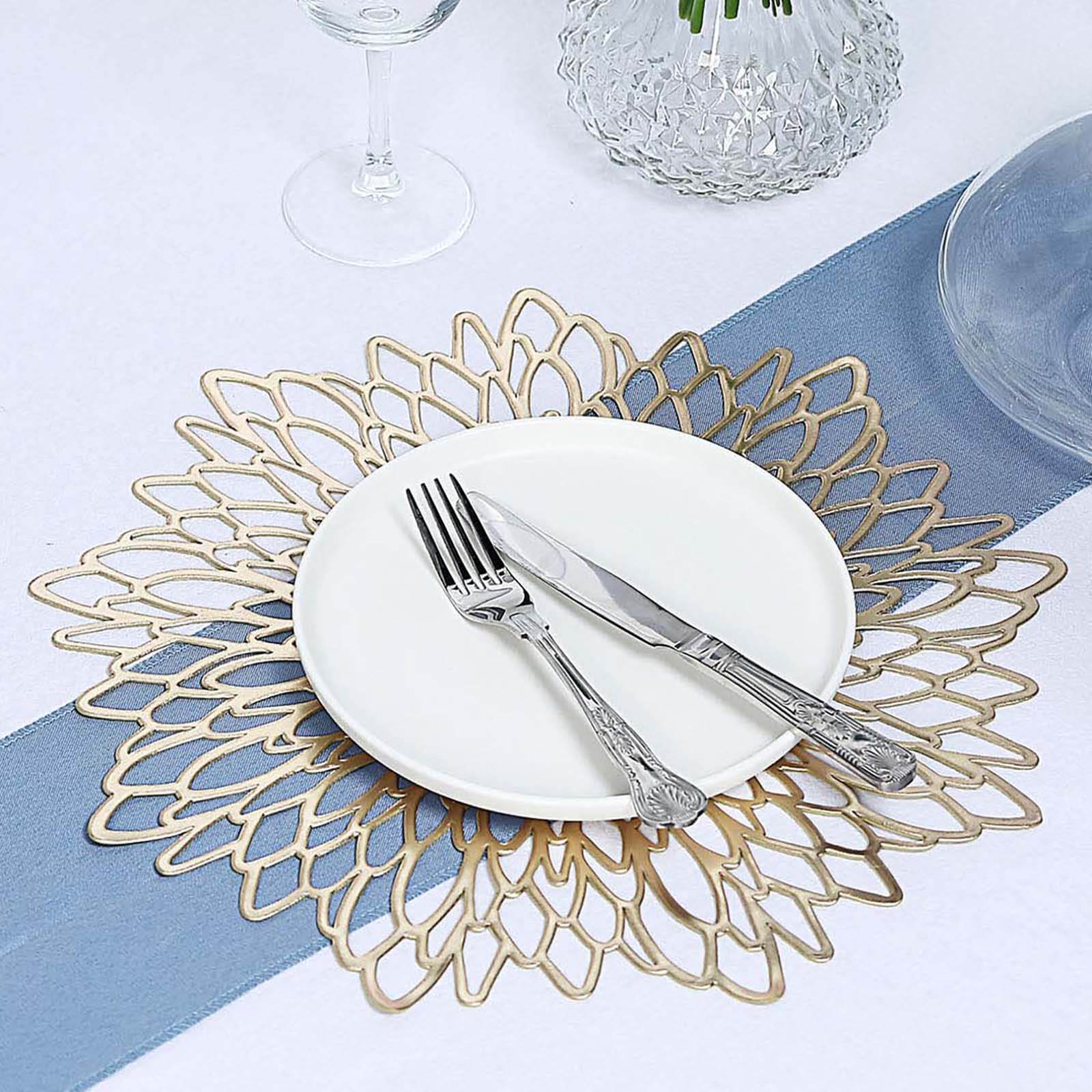 6-Pack Dining Table Mats Floral Design Gold - Metallic Vinyl Round Non-Slip Mats for Tables 15"