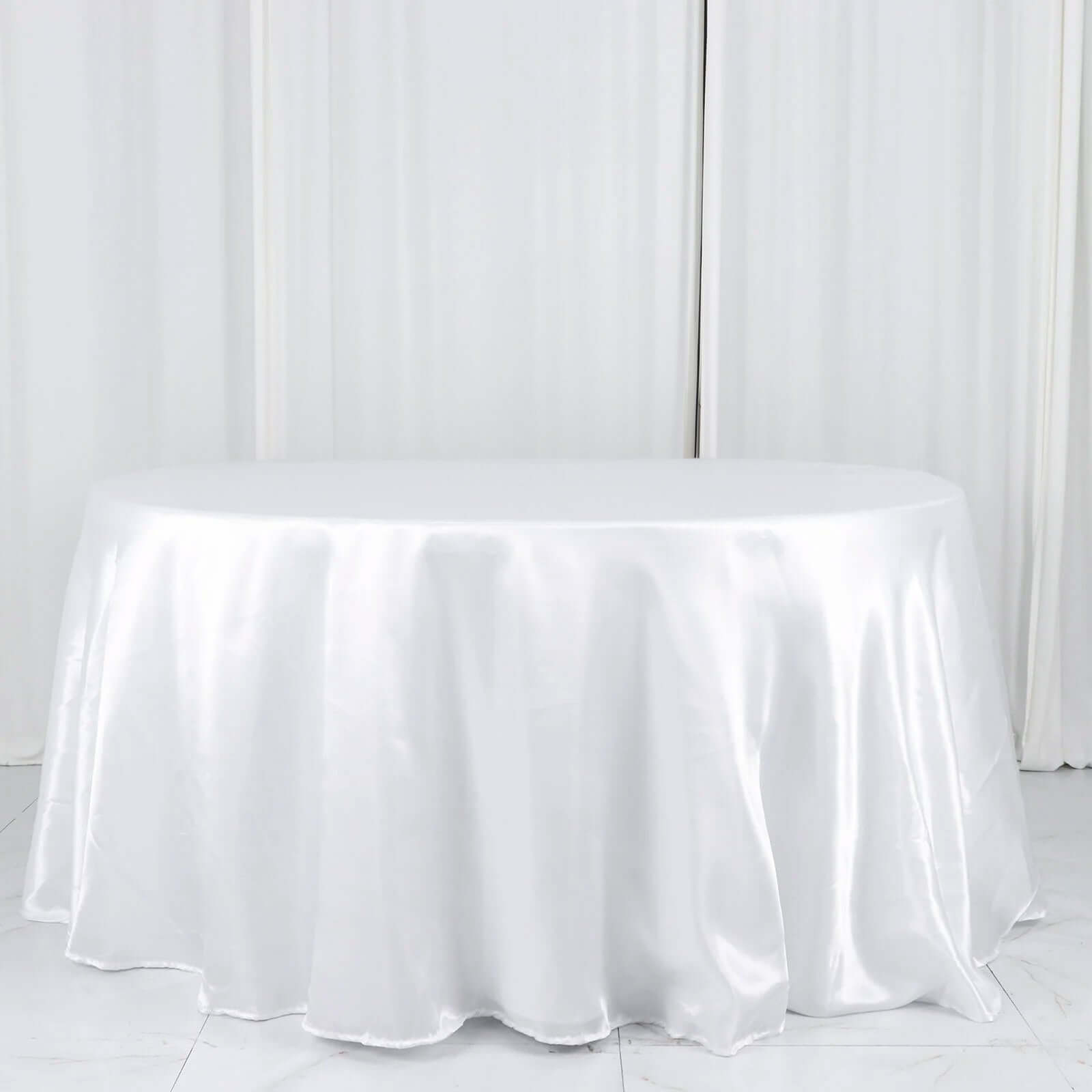 Satin 132" Round Tablecloth White - Stylish Seamless Table Cover for Weddings & Events