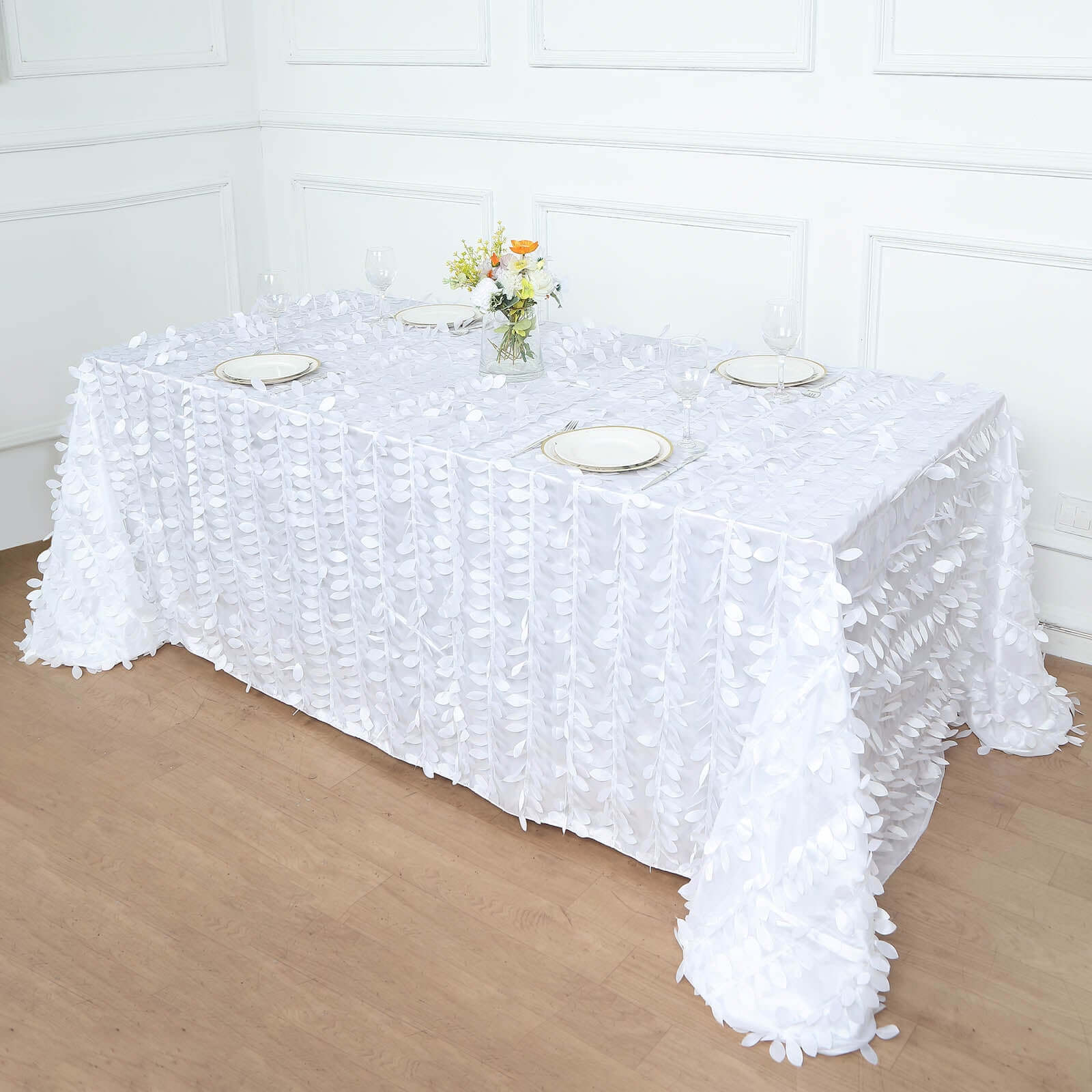 Taffeta 90"x156" Rectangle Tablecloth White | 3D Leaf Petal Design Seamless Table Cover for Stylish Wedding & Event Decor