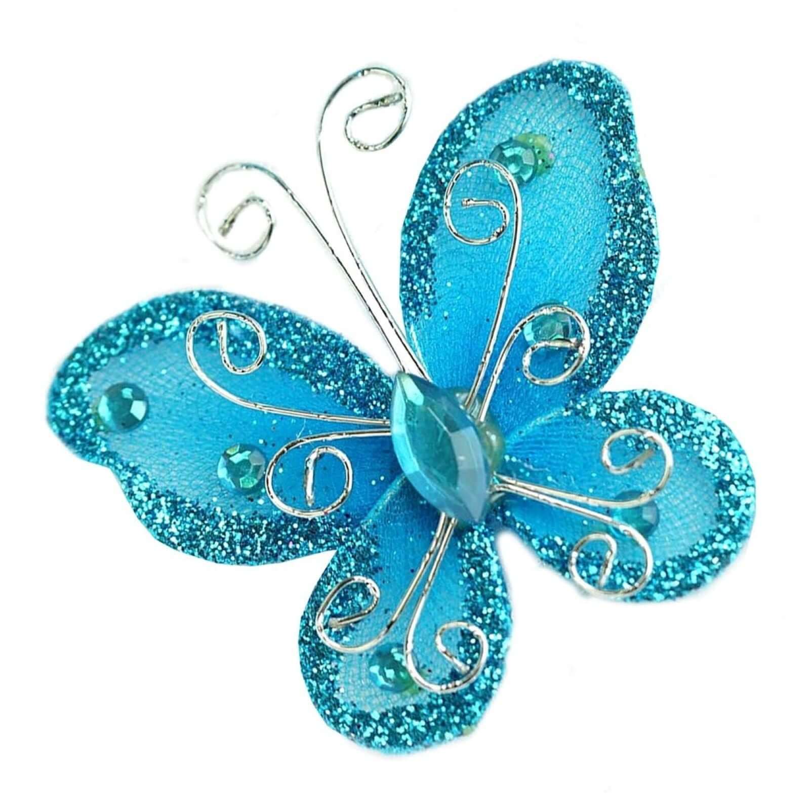 12 Pack 2" Turquoise Diamond Studded Wired Organza Butterflies