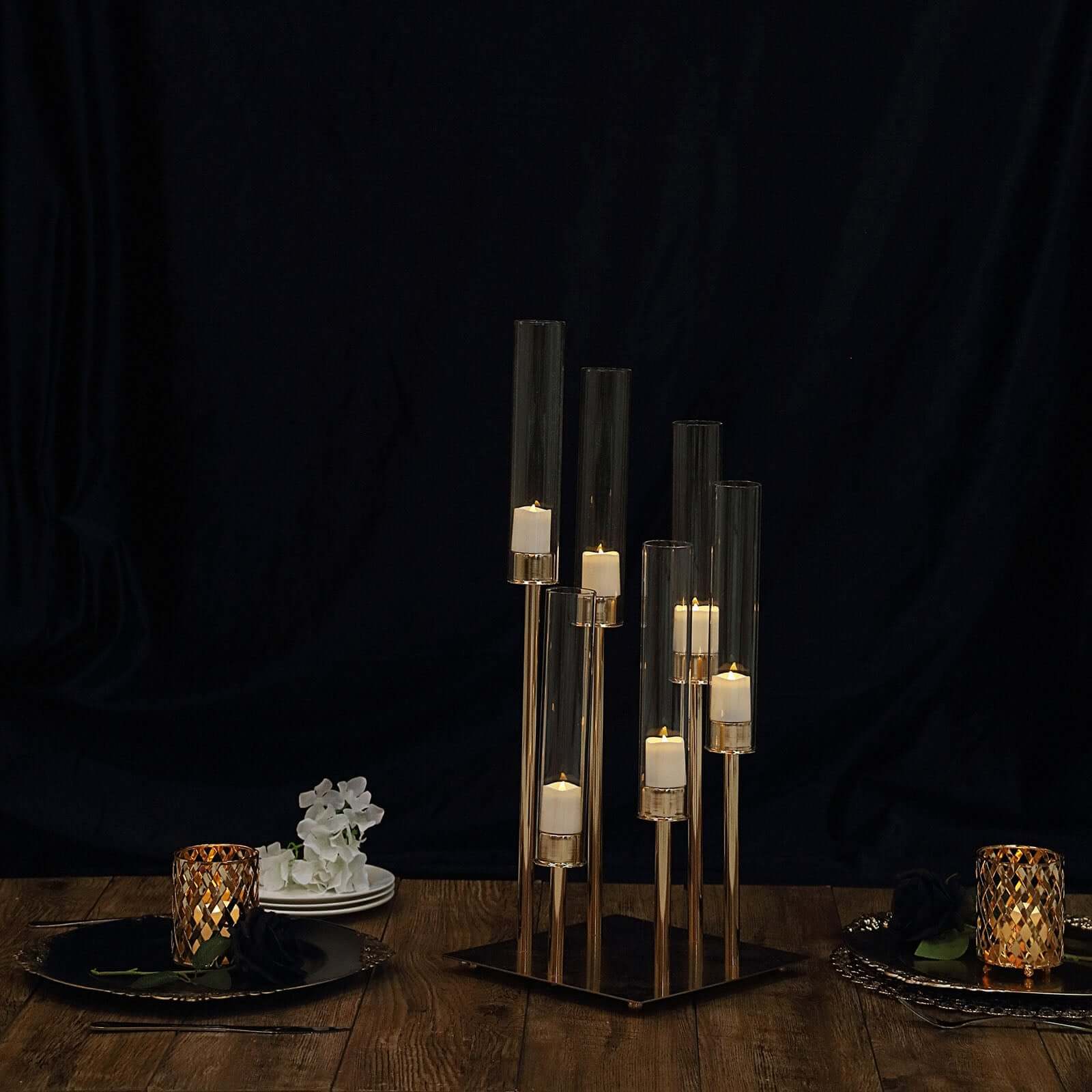 6-Arm Cluster Taper Candle Holder Gold with Clear Glass Shades - Sleek Candle Display for Gatherings 24"