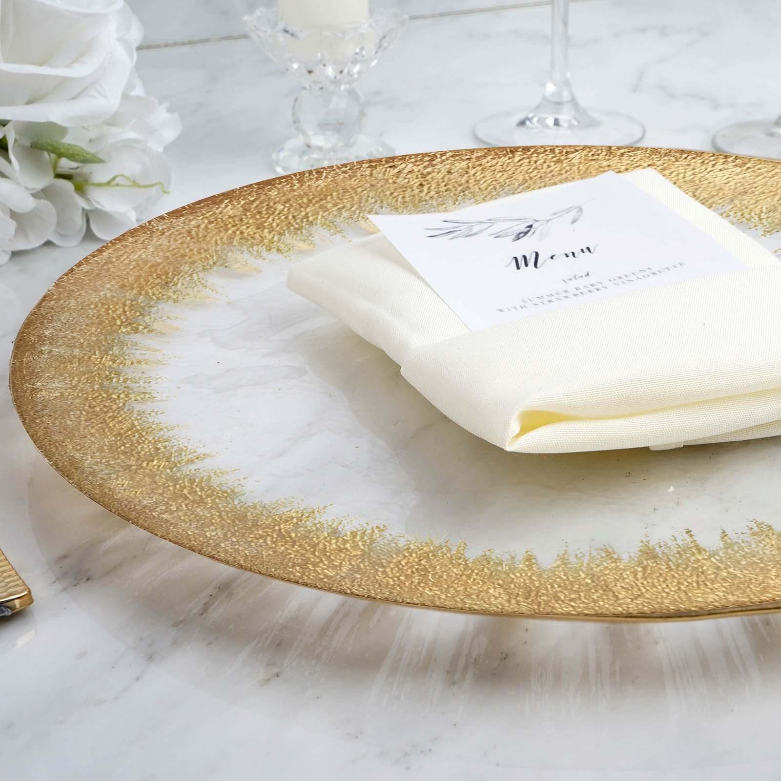 8-Pack Glass Round Charger Plates 13" in Clear with Metallic Gold Spray Rim, Decorative Dinner Charger Tableware