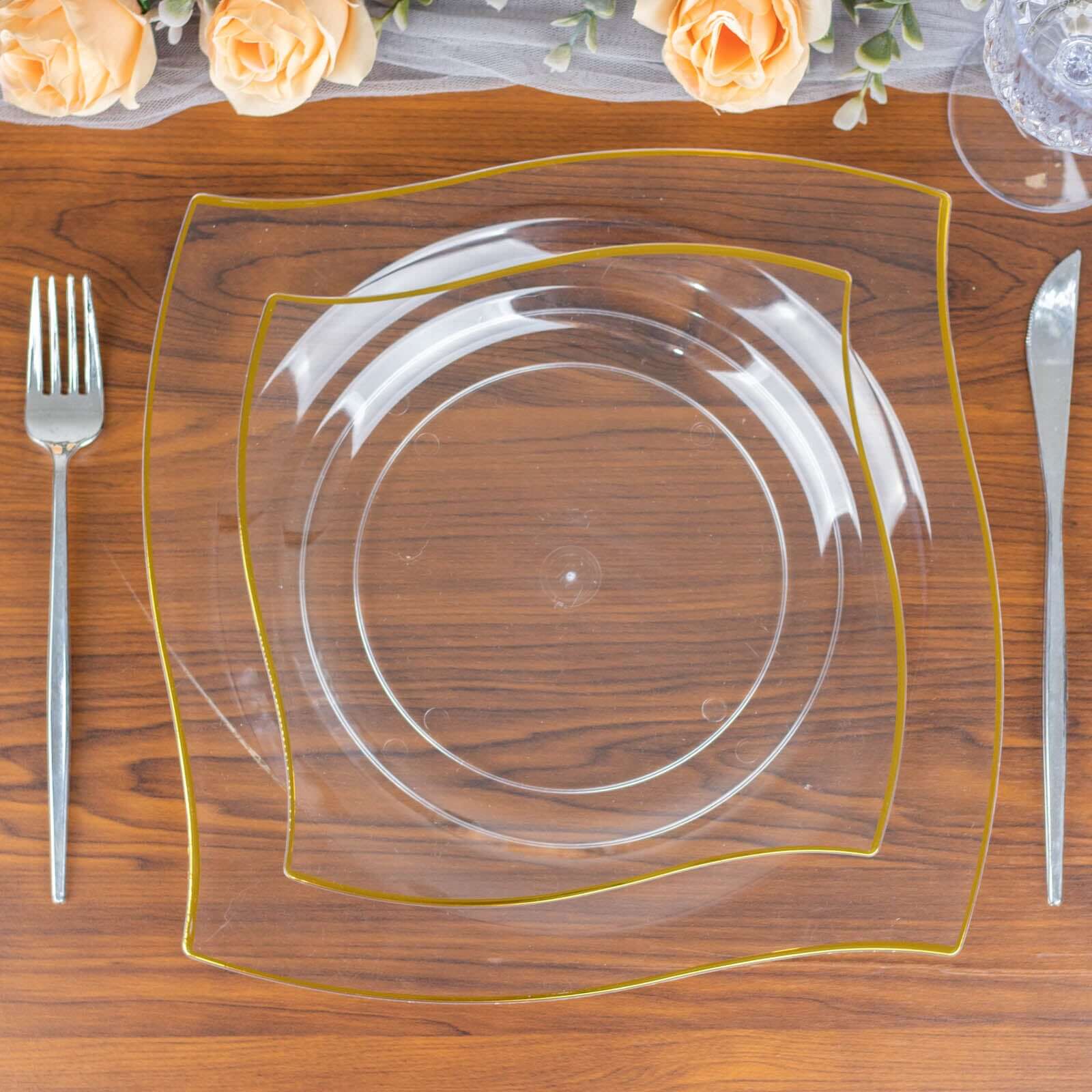 10-Pack Plastic 8" Square Dessert Plates in Clear with Gold Wavy Rim Modern - Disposable Salad Appetizer Party Plates