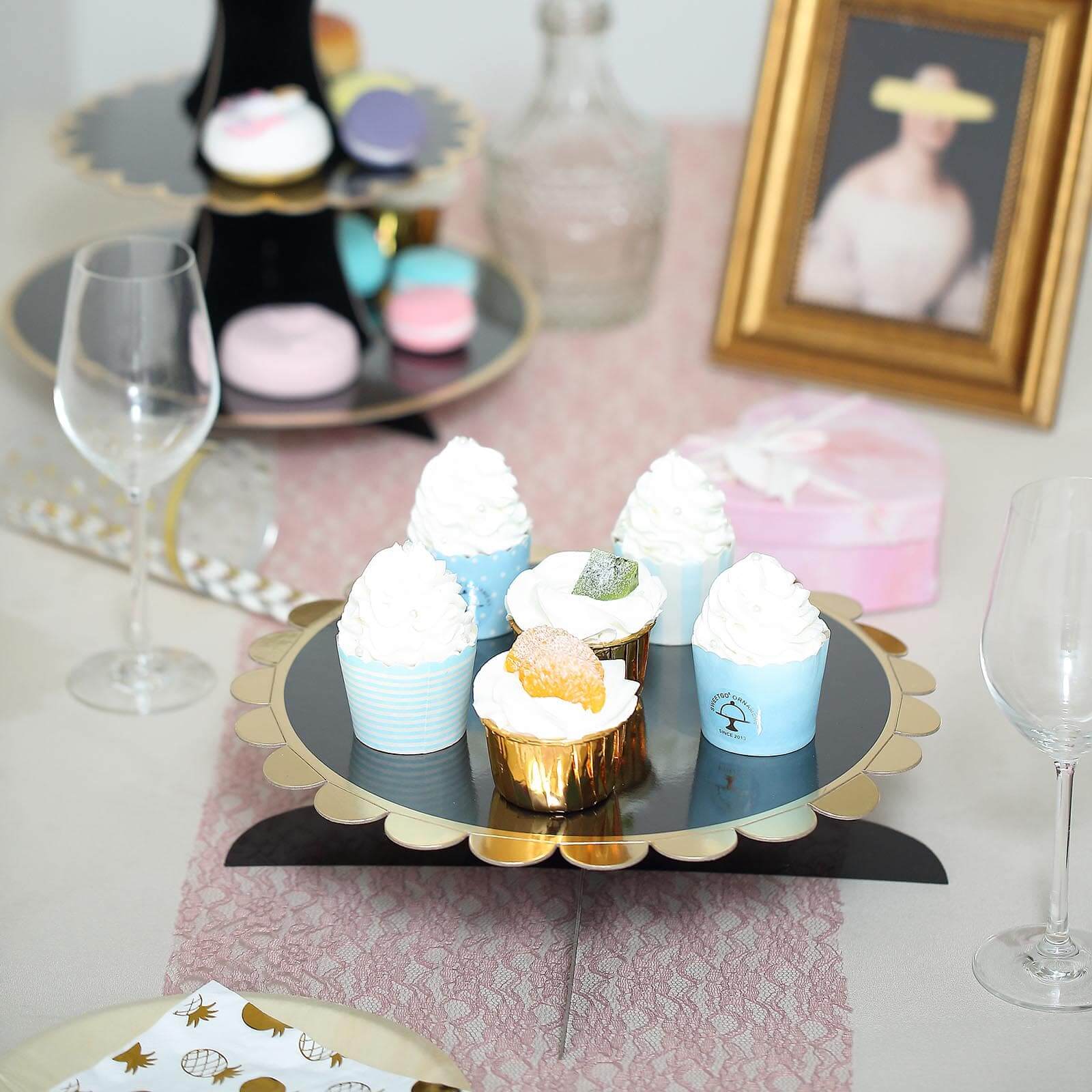 1-Tier Cardboard Cake Stand Black - Stylish Reusable Cupcake Dessert Holder with Gold Scalloped Rim for Baby Showers Birthdays & Events 13"