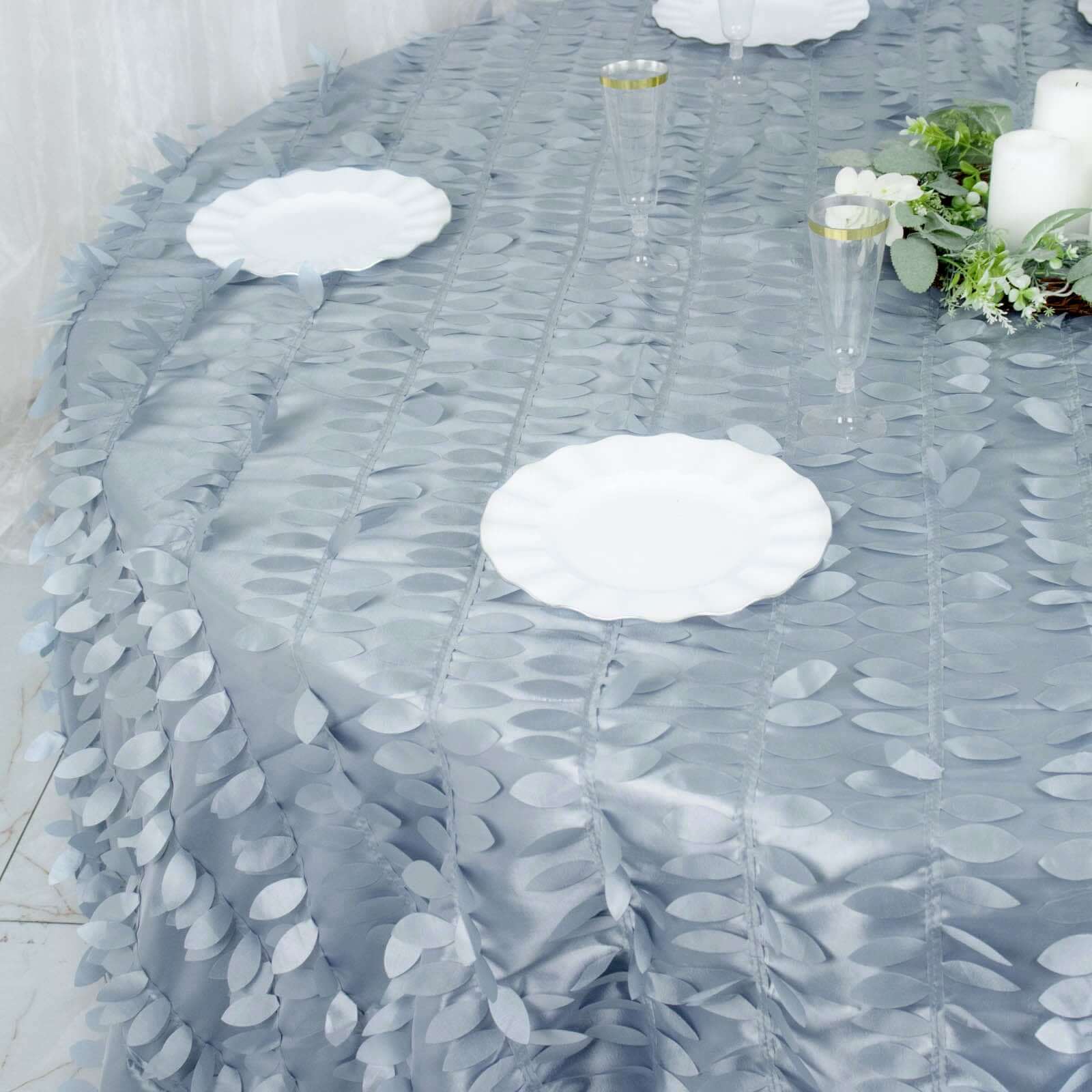 Taffeta 132" Round Tablecloth Dusty Blue | 3D Leaf Petal Design Seamless Table Cover