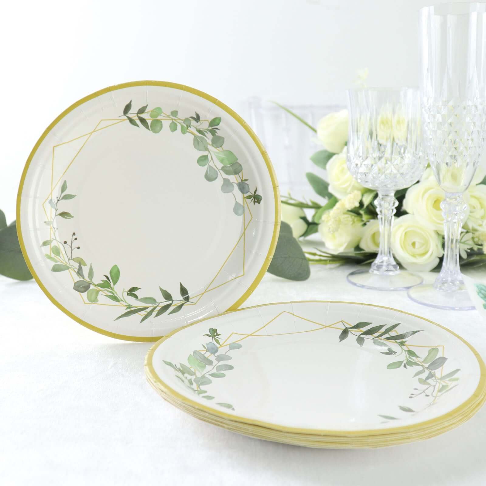 24-Pack Paper 7" Round Dessert Plates in White with Eucalyptus Leaves & Gold Rim - Disposable 300GSM Salad Plates for Garden Weddings & Celebrations