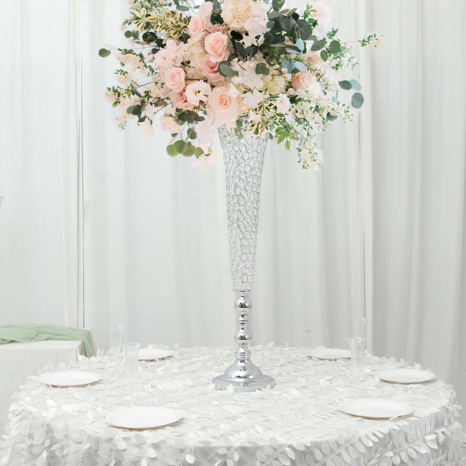 2-Pack Crystal Beaded Trumpet Vase Set Silver - Table Centerpiece for Grand Occasions 40"