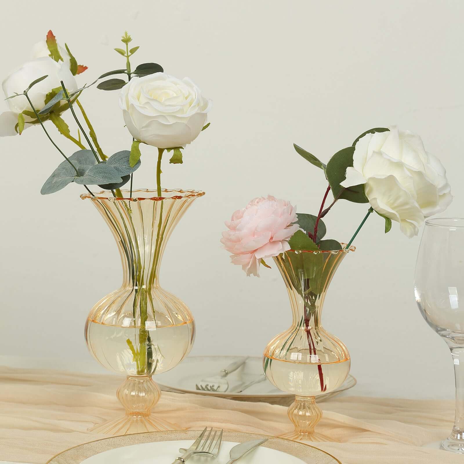 Set of 4 Glass Flower Vases Nordic Style with Petals Texture Amber Gold - Transparent Bud Planters for Wedding Table Decor 7", 9"