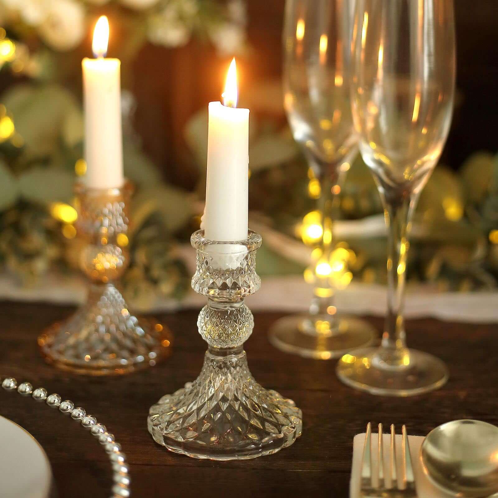6-Pack Glass Taper Candlestick Holders Diamond Pattern Design Clear - Reversible Crystal Pillar Votive Stands 4"