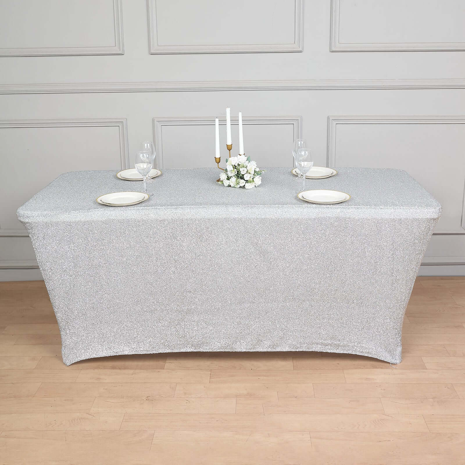 Shimmer Tinsel Spandex 72"x30" Rectangle Tablecloth Metallic Silver Glittered Shiny Stretch Table Cover