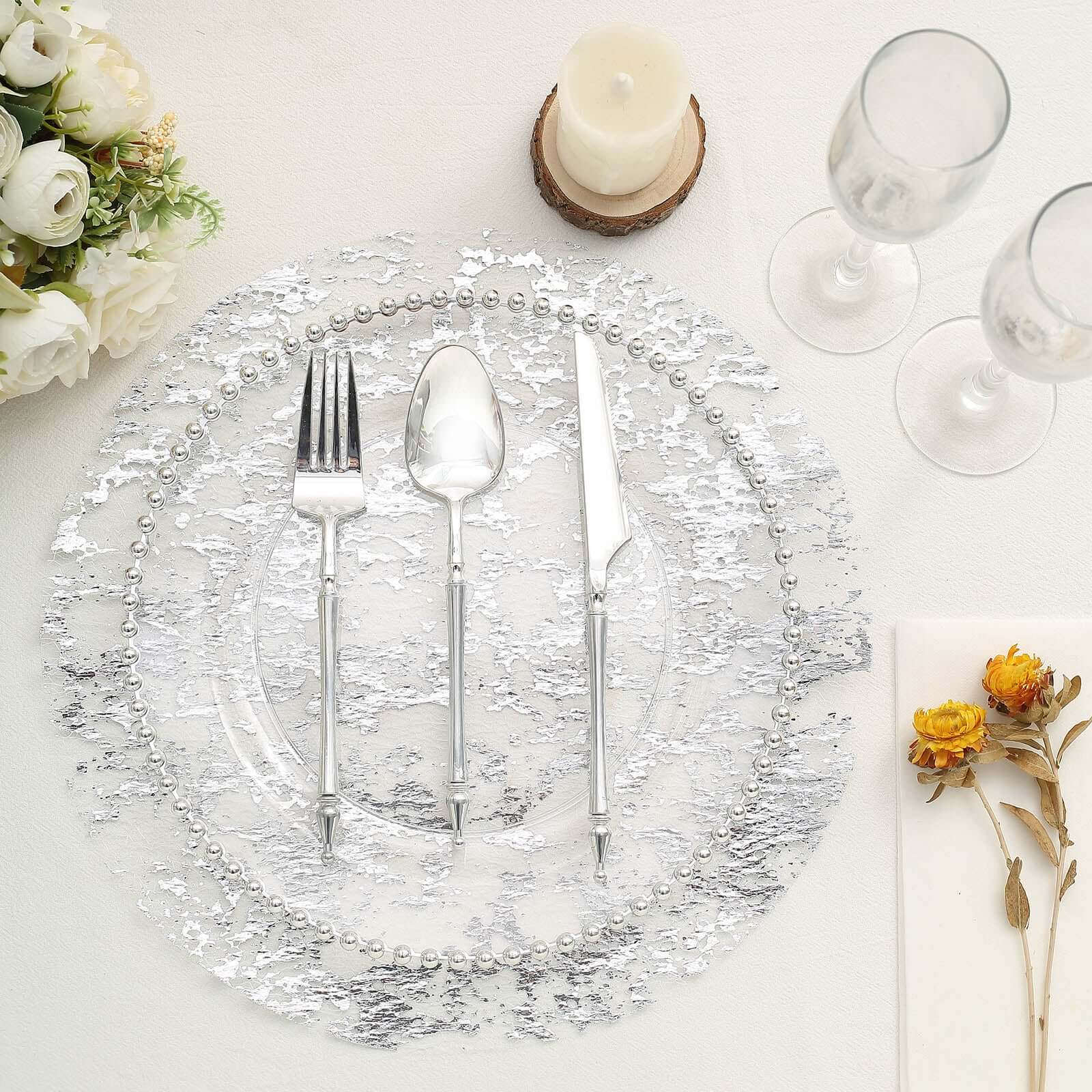 10-Pack Table Placemats Foil Design Metallic Silver Round - Mesh Disposable Shiny Dining Mats 13"