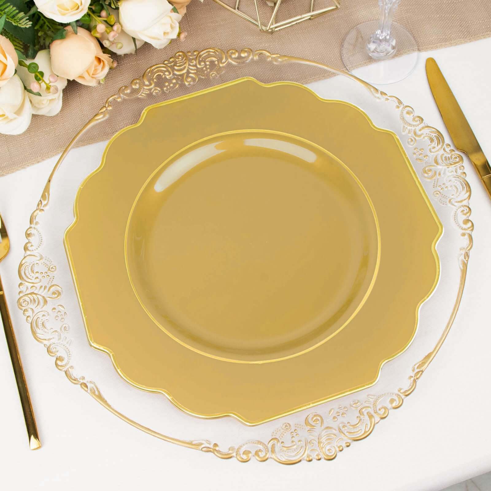 10-Pack Plastic Dinner Plates in Gold Baroque Design with Scalloped Gold Rim - Heavy Duty Disposable Party Plates for Events & Banquets 11"