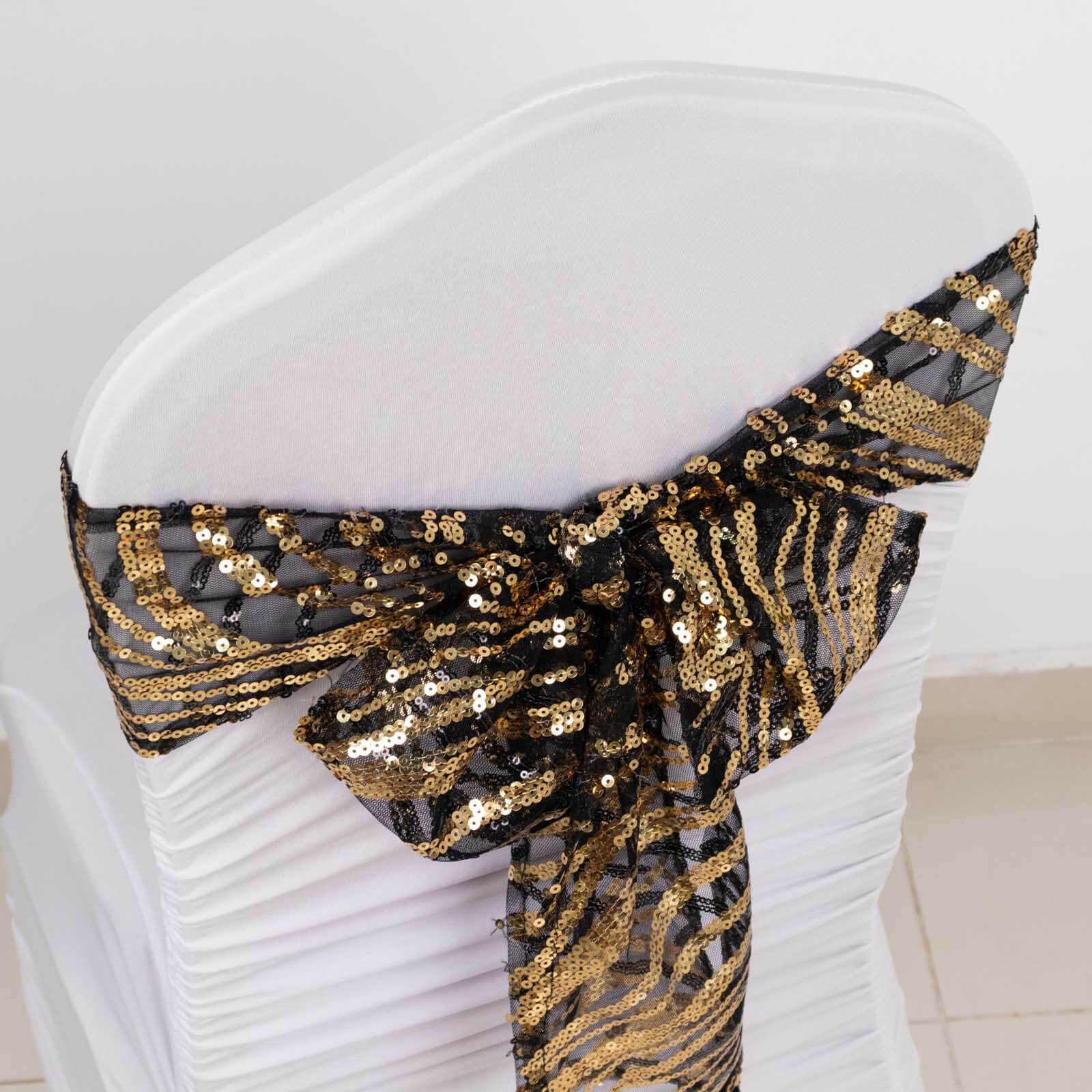 5 Pack Chair Sashes with Wave Embroidered Sequins Black/Gold 6"x88" - Stylish Glittering Decor for Weddings