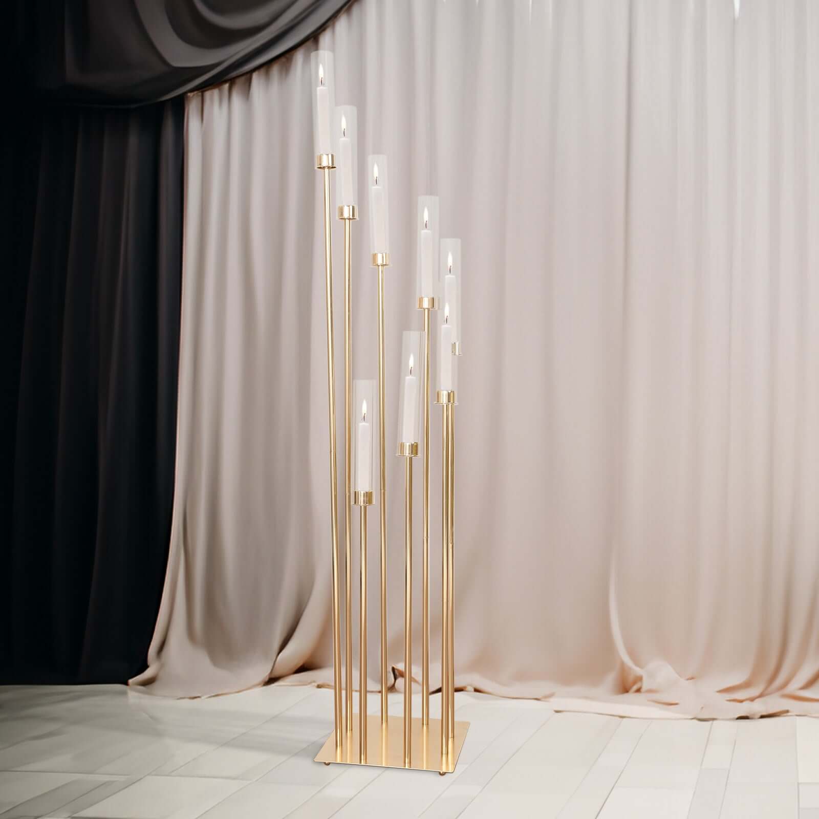 8 Arm Cluster Taper Candle Holder Gold - Stunning Large Candle Arragement With Clear Glass Shades for Grand Banquets & Celebrations 42"