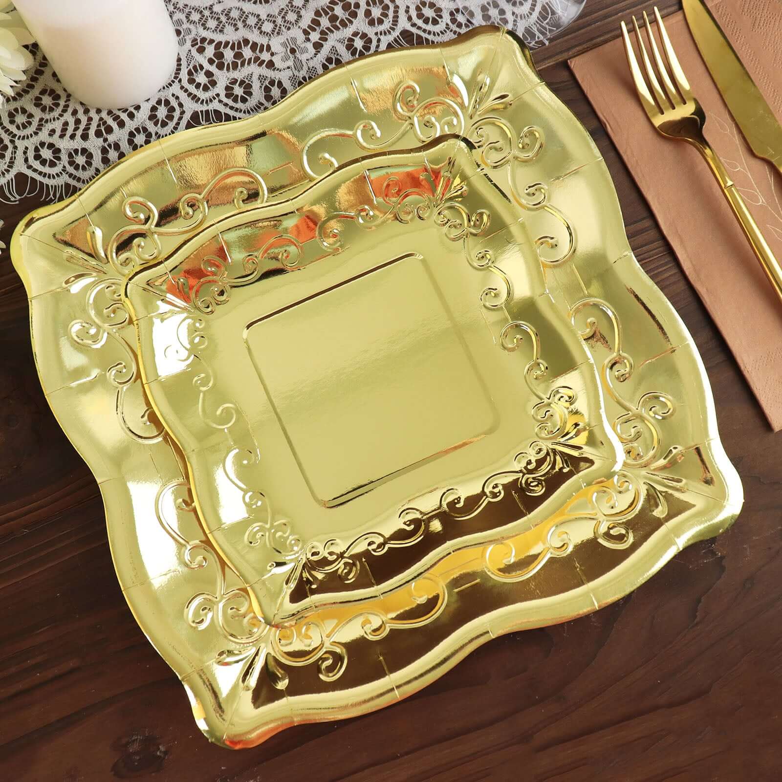 25-Pack Paper 7" Square Dessert Plates in Gold with Vintage Pottery Embossed Design - Shiny Metallic Disposable Appetizer Plates for Luxe Gatherings & Celebrations