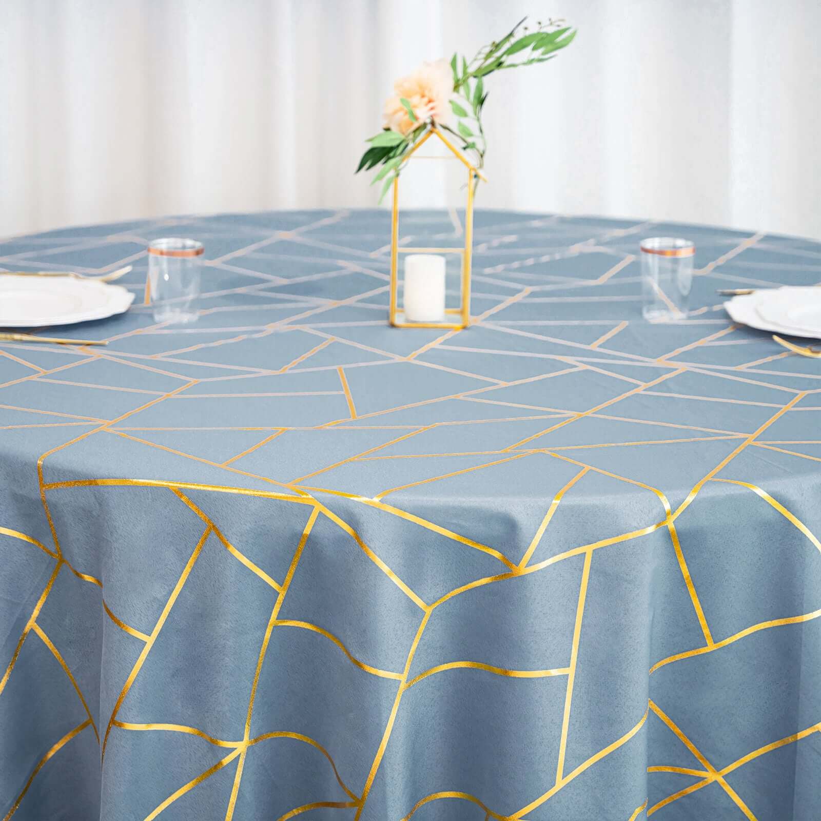 Polyester 120" Round Tablecloth Dusty with Gold Foil Geometric Pattern Wrinkle-Resistant Seamless Table Cover